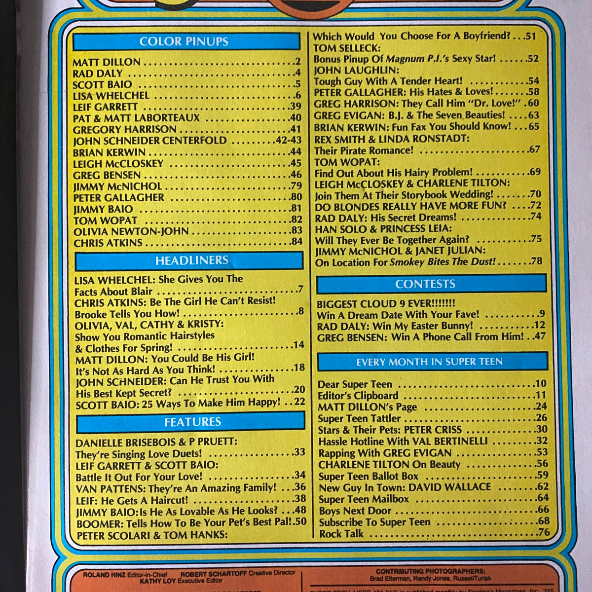 Table of contents from SuperTeen Magazine June 1981, highlighting articles, pinups, and features about teen idols like Matt Dillon and Olivia Newton-John.