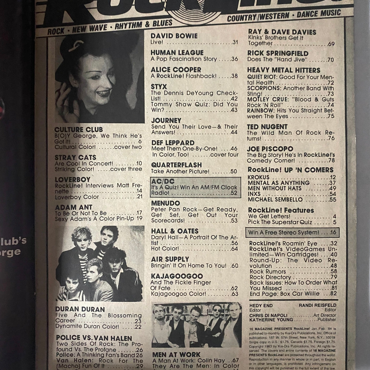 Inside pages of '16 Magazine Presents Rock Line' January 1984 showcasing featured articles and advertisements related to Boy George and other 1980s music icons.