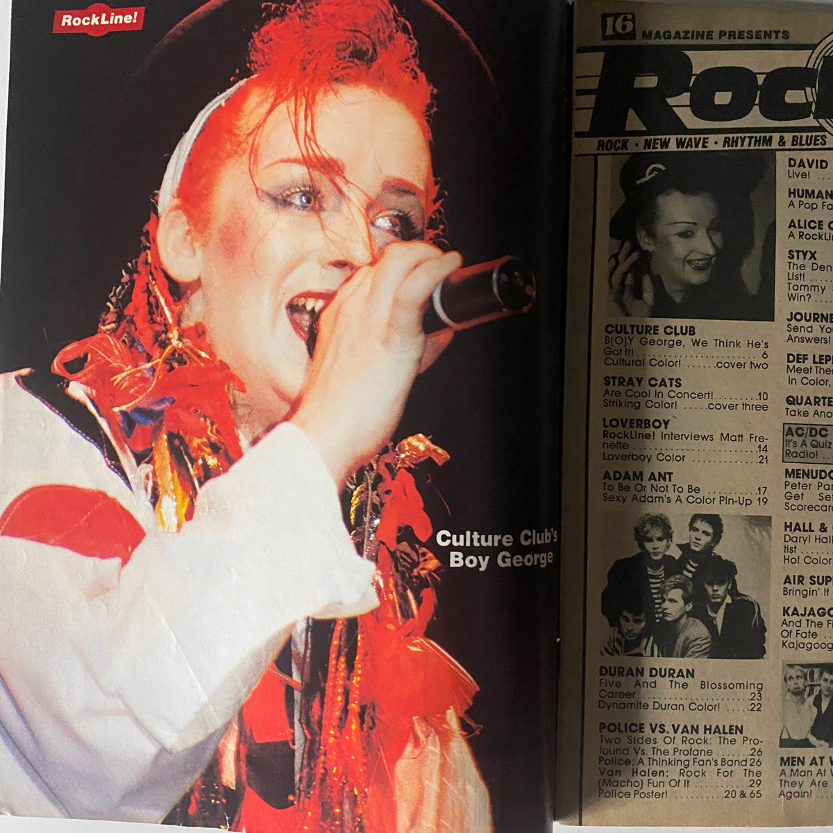 Boy George performing in '16 Magazine Presents Rock Line' January 1984, highlighting the vibrant culture of the 1980s music scene.