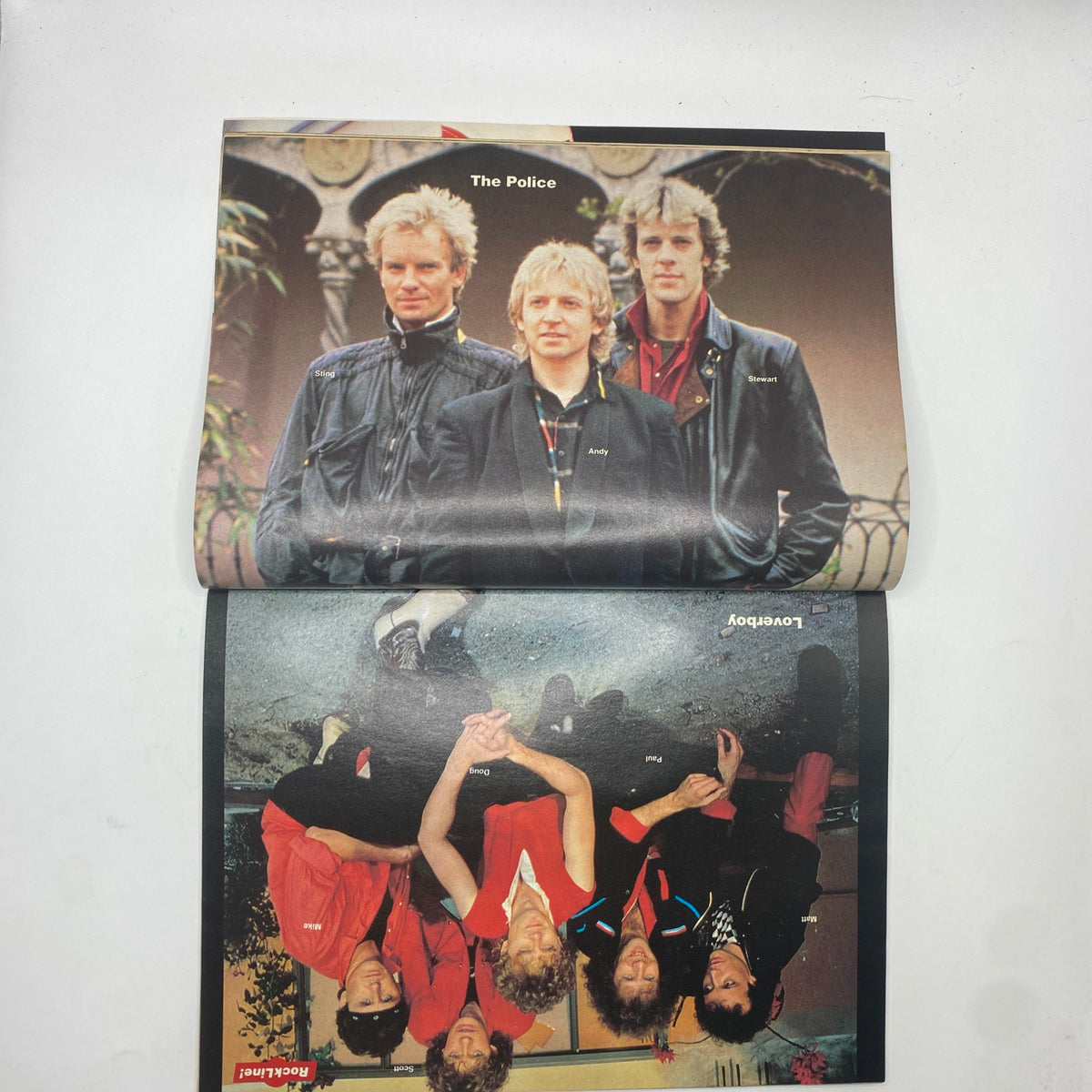 An inside spread of '16 Magazine Presents Rock Line' January 1984 featuring The Police and Loverboy, showcasing notable music groups of the 1980s.