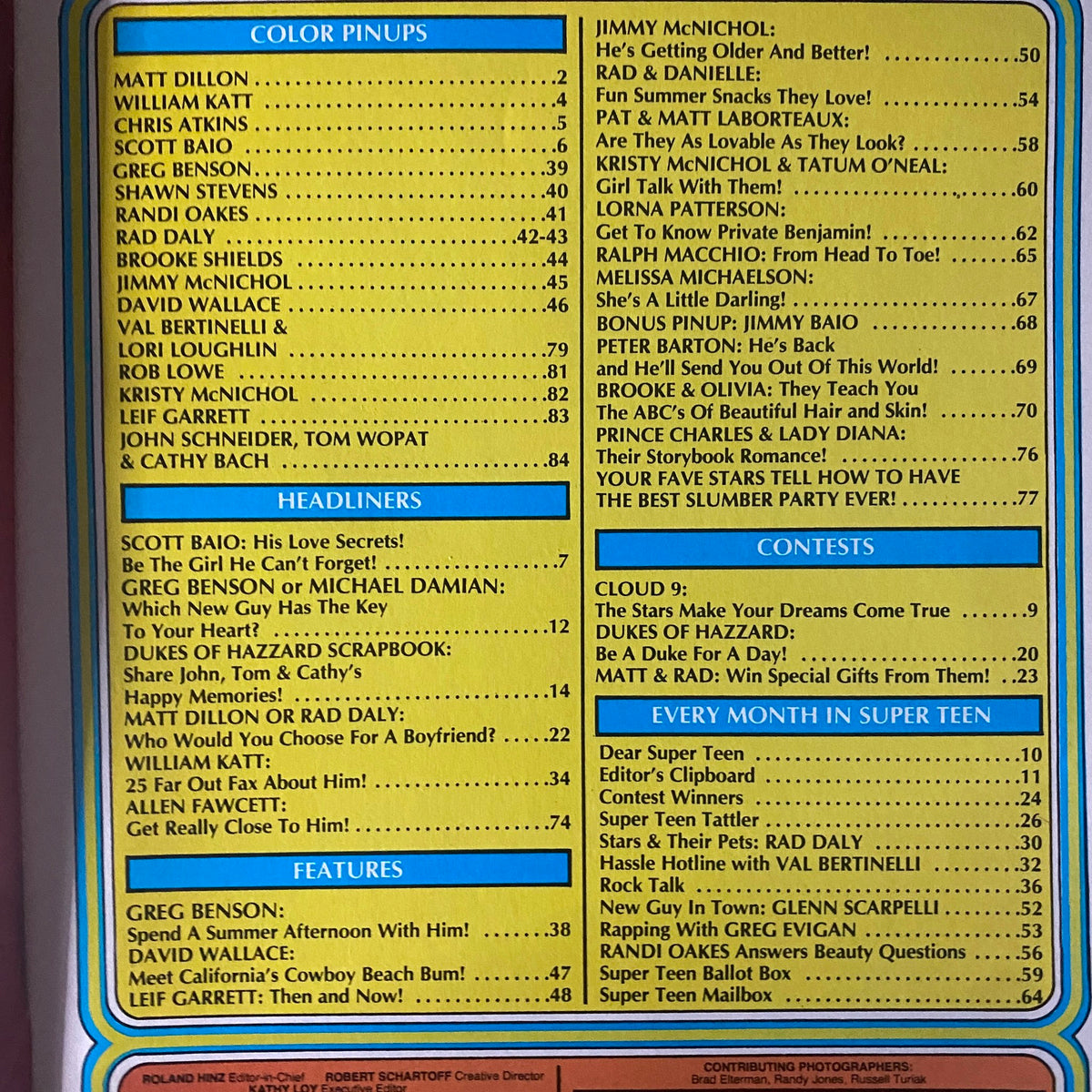 SuperTeen Magazine October 1981 table of contents featuring popular teen idols and articles.