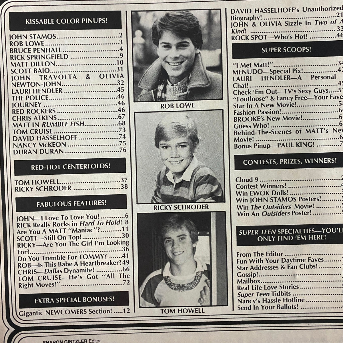 Table of contents from SuperTeen Magazine February 1984 highlighting kissable color pinups and feature articles about popular teen celebrities.