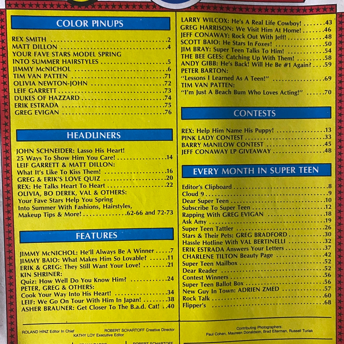 Contents page of SuperTeen Magazine July 1981, listing exclusive interviews, color pinups of teen idols, and various quizzes and contests for readers.