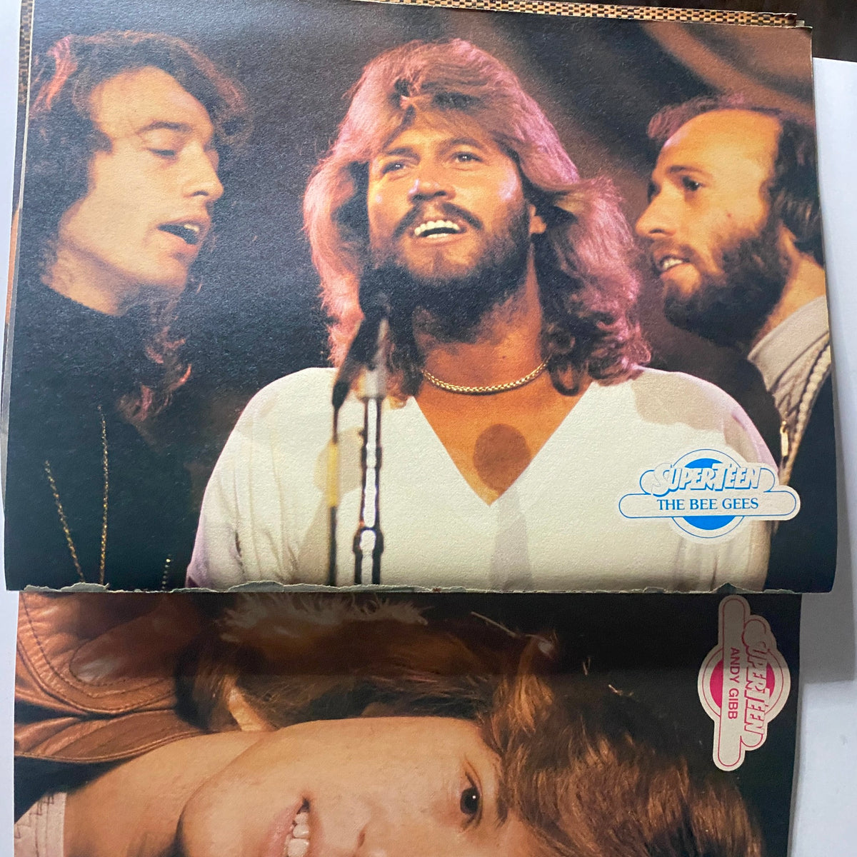 The Bee Gees performing, highlighted in SuperTeen Photo Album No. 5 with their famous looks and styles.