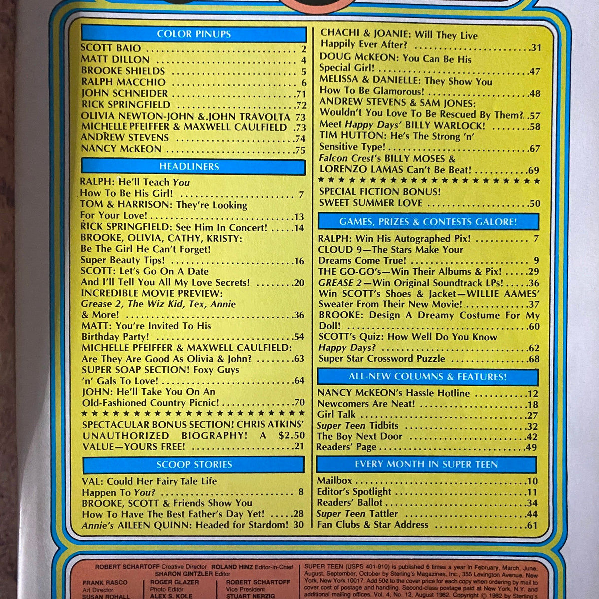 Inside page of 'SuperTeen Magazine' August 1982 showcasing the contents list highlighting celebrity features, games, contests, and exclusive interviews with stars including Scott Baio and Ralph Macchio.