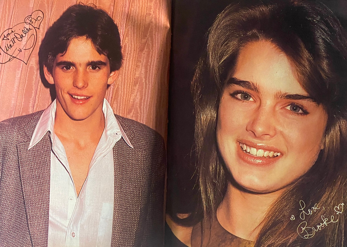 A spread from 'SuperTeen Magazine' August 1982 with portraits of teen stars Matt Lattanzi and Brooke Shields, featuring personal messages and signed photos.
