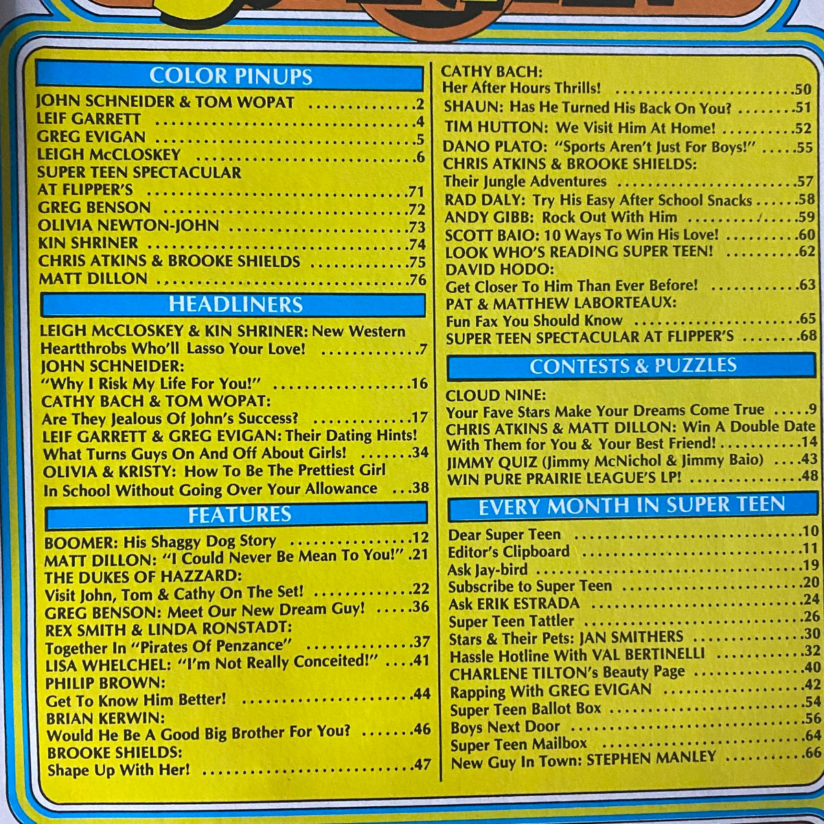Contents page of SuperTeen Magazine January 1981 outlining featured articles including interviews and pinups of stars like John Schneider, Leif Garrett, and Olivia Newton-John.
