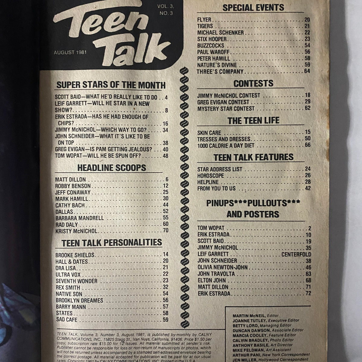 Table of contents for Teen Talk Magazine August 1981, listing featured articles including interviews with Scott Baio, Leif Garrett, and other teen personalities.