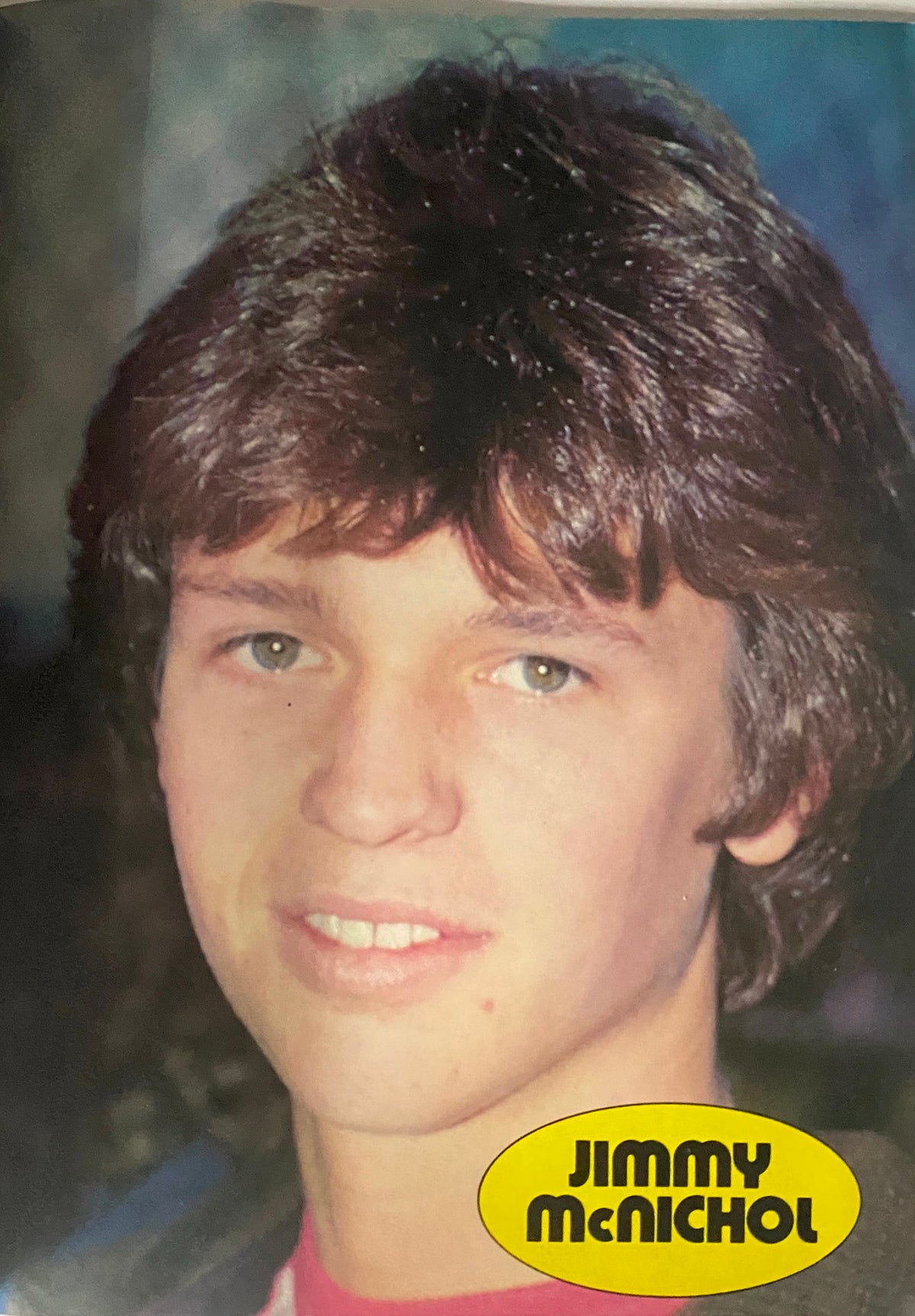 Portrait of Jimmy McNichol with a caption in Teen Talk Magazine August 1981, showcasing the popular teen idol of the 1980s.