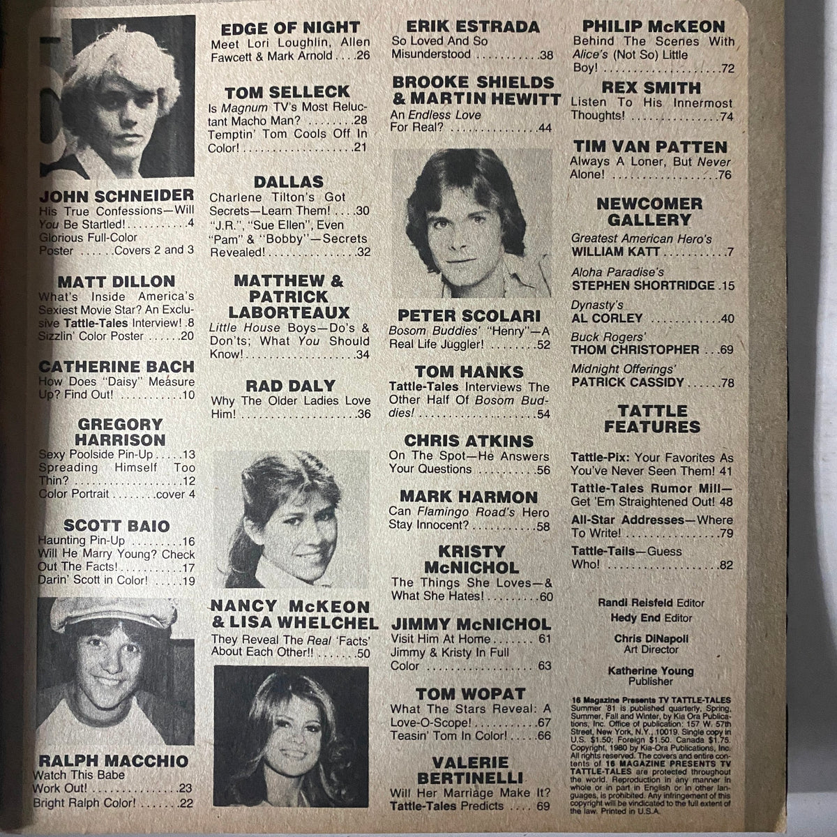Table of contents from 16 Magazine TV Tattle-Tales Summer 1981, featuring names like John Schneider, Matt Dillon, and Ralph Macchio, with details on exclusive interviews and articles.