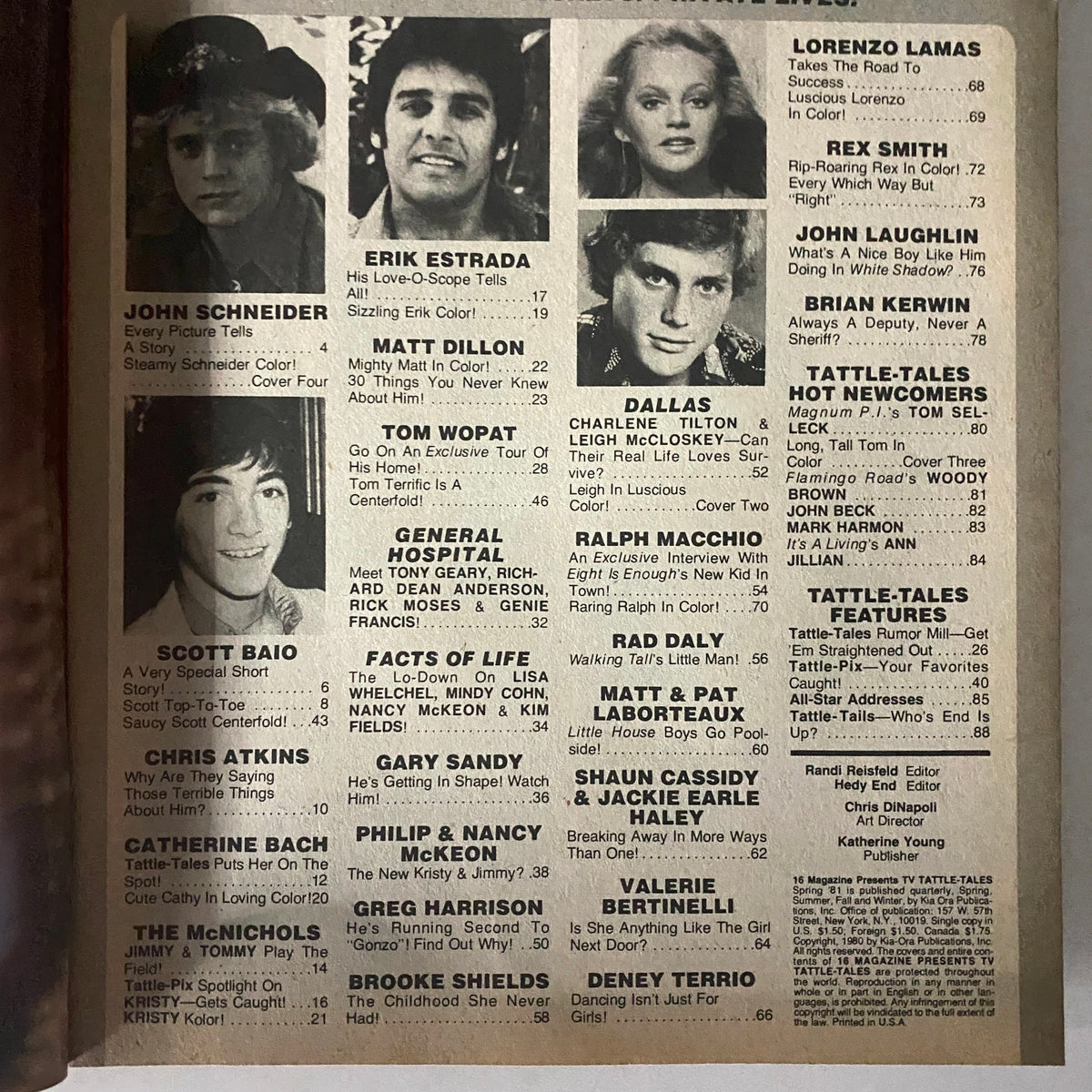 Inside page of 16 Magazine TV Tattle-Tales Spring 1981 listing featured stars like Scott Baio, John Schneider, and Matt Dillon among others.