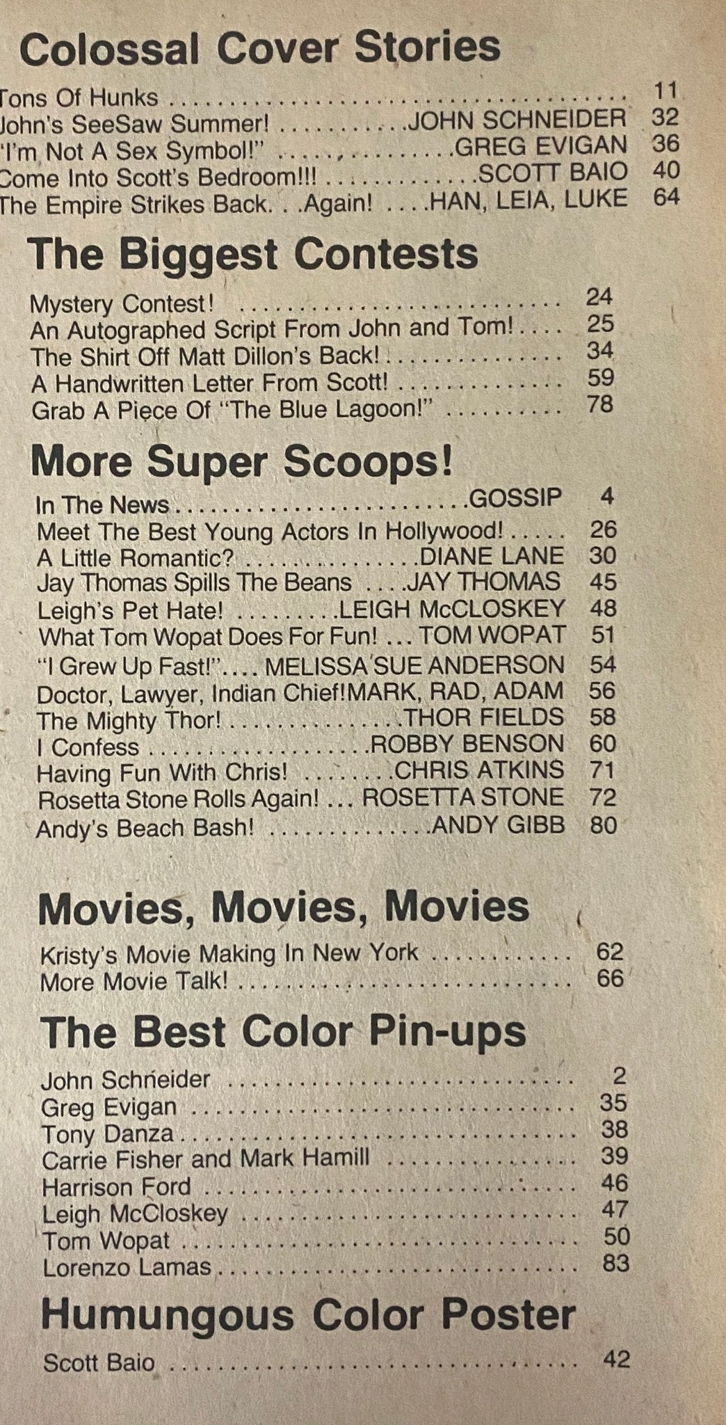 Table of contents from Teen Bag Magazine 1981 Spring Annual, featuring articles and highlights including celebrity interviews and pin-ups.