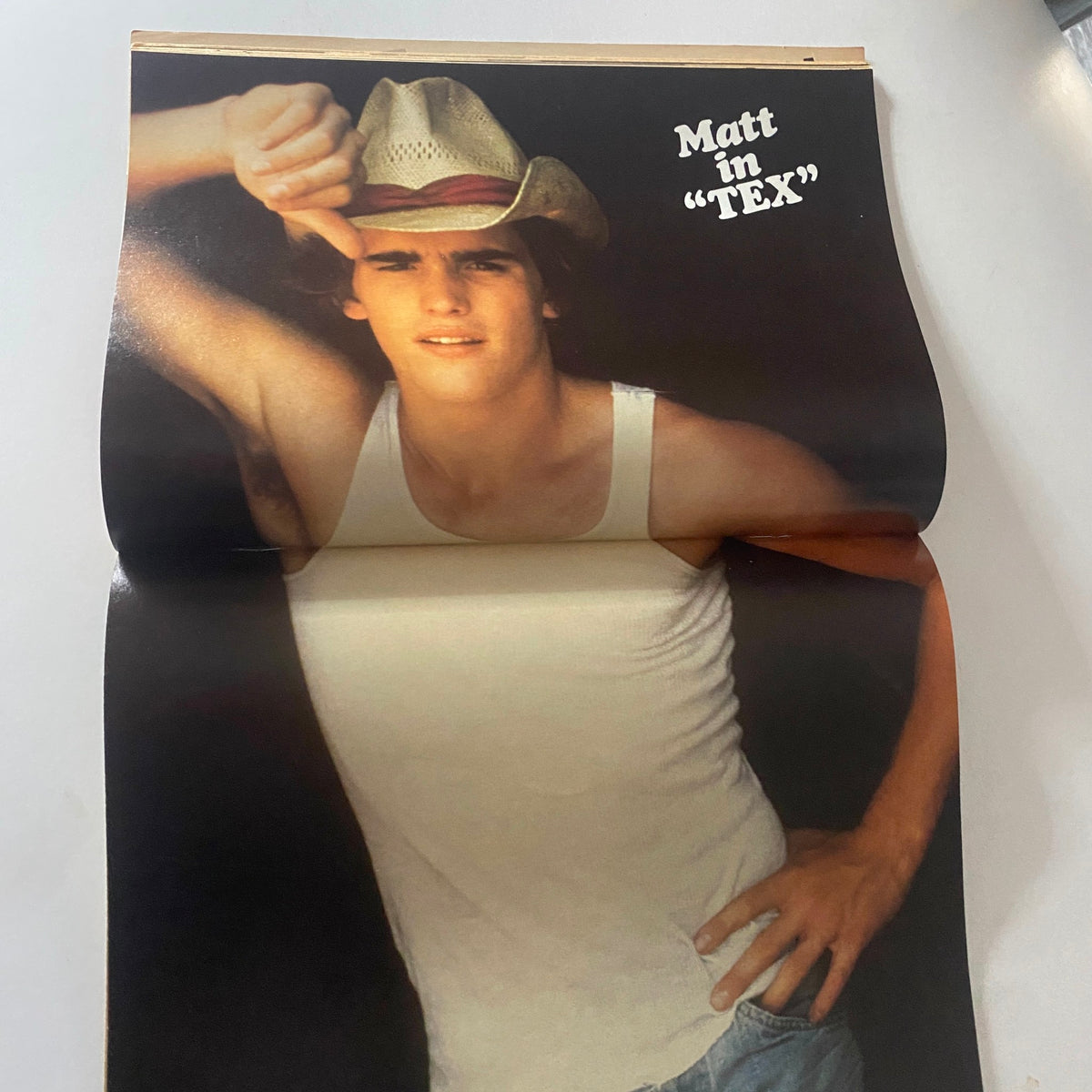 Vintage pull-out poster of Matt Dillon from Teen Bag Magazine March 1982, showcasing the actor in a cowboy hat and tank top.