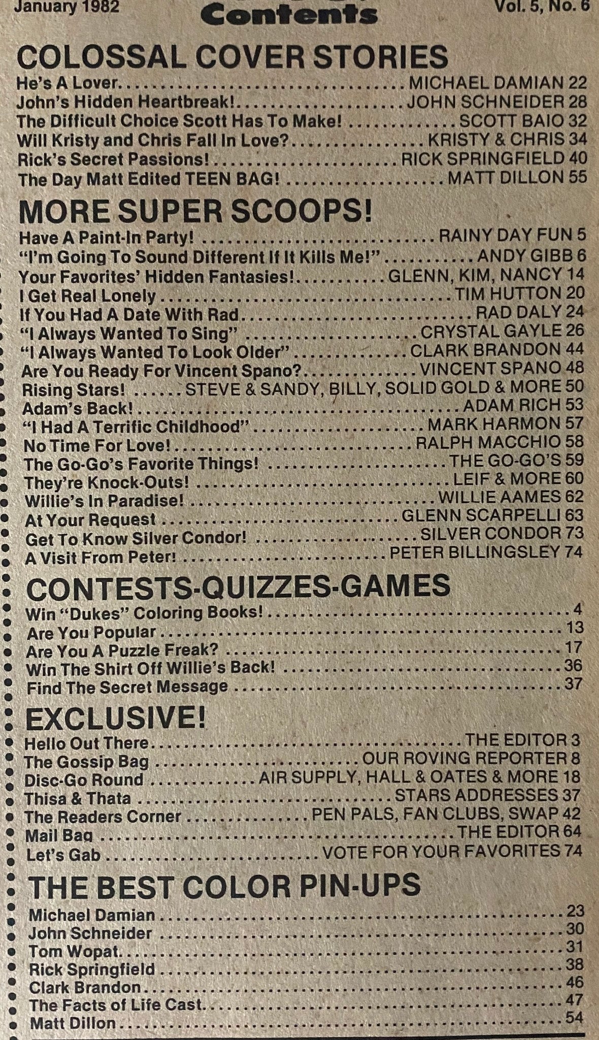 Contents page of Teen Bag Magazine January 1982 detailing articles on celebrities such as Michael Damian, John Schneider, and features like contests and pin-ups.