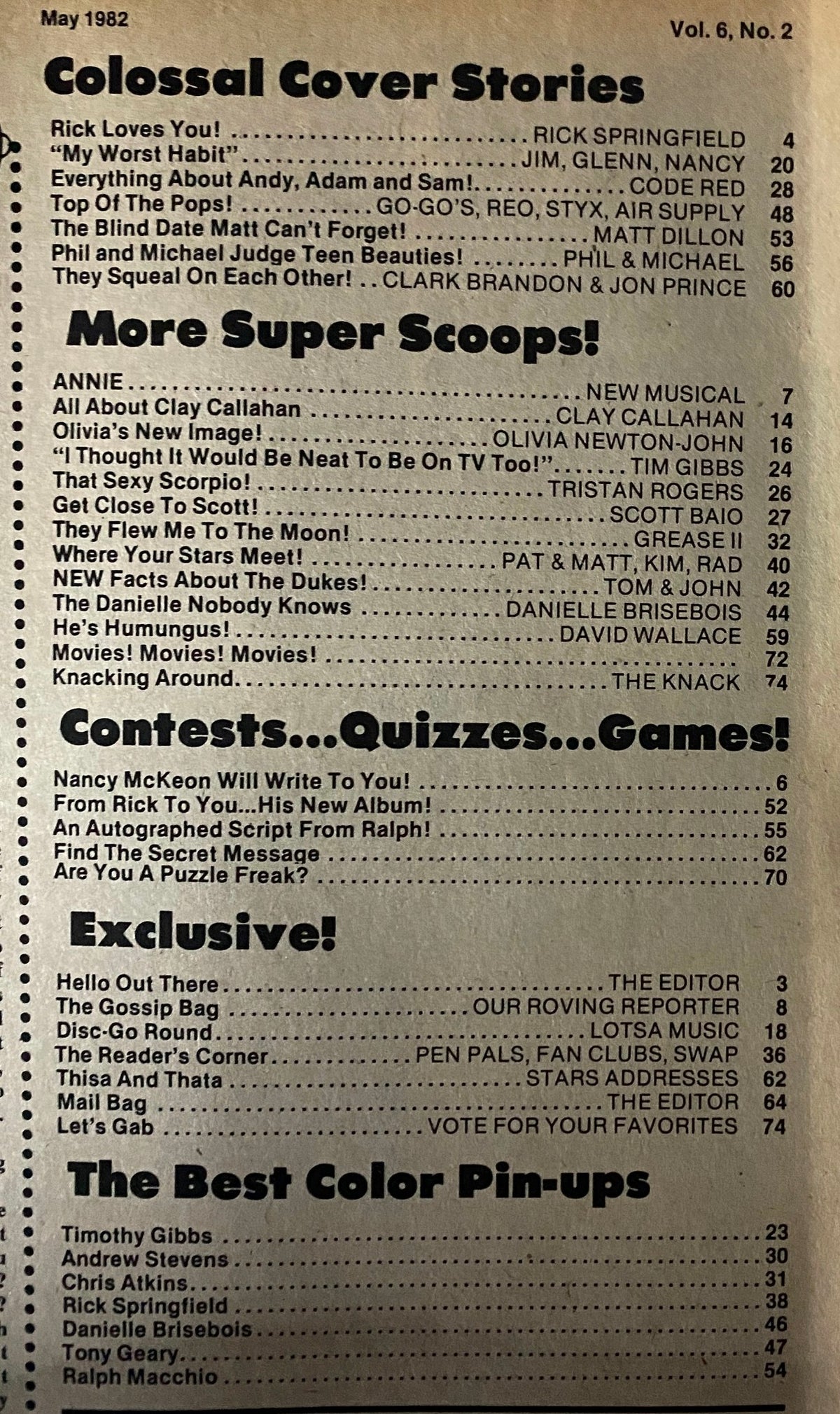 Teen Bag Magazine May 1982 Colossal Cover Stories section featuring Rick Springfield, Jim, Glenn, and Nancy, along with their featured articles and page numbers.