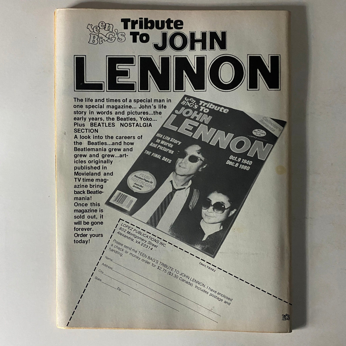 Teen Bag Magazine May 1982 special feature titled 'Tribute to John Lennon', highlighting a nostalgic look into the life and career of John Lennon with a focus on his impact.