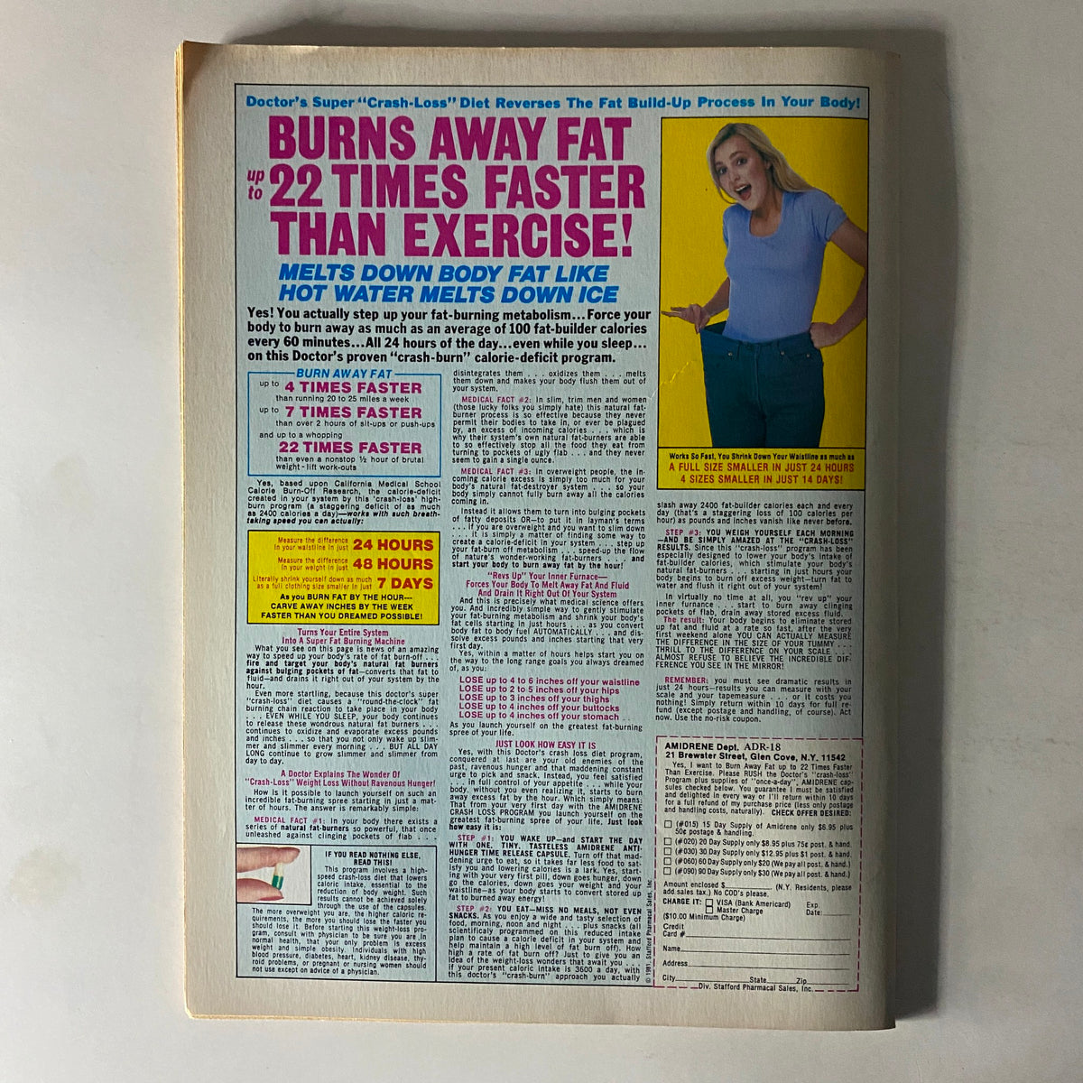 Image from Teen Bag Magazine May 1981 featuring a diet advertisement that claims to burn fat 22 times faster than exercise. The text promotes a weight loss program and includes persuasive statements and graphics aimed at encouraging readers to consider the product.