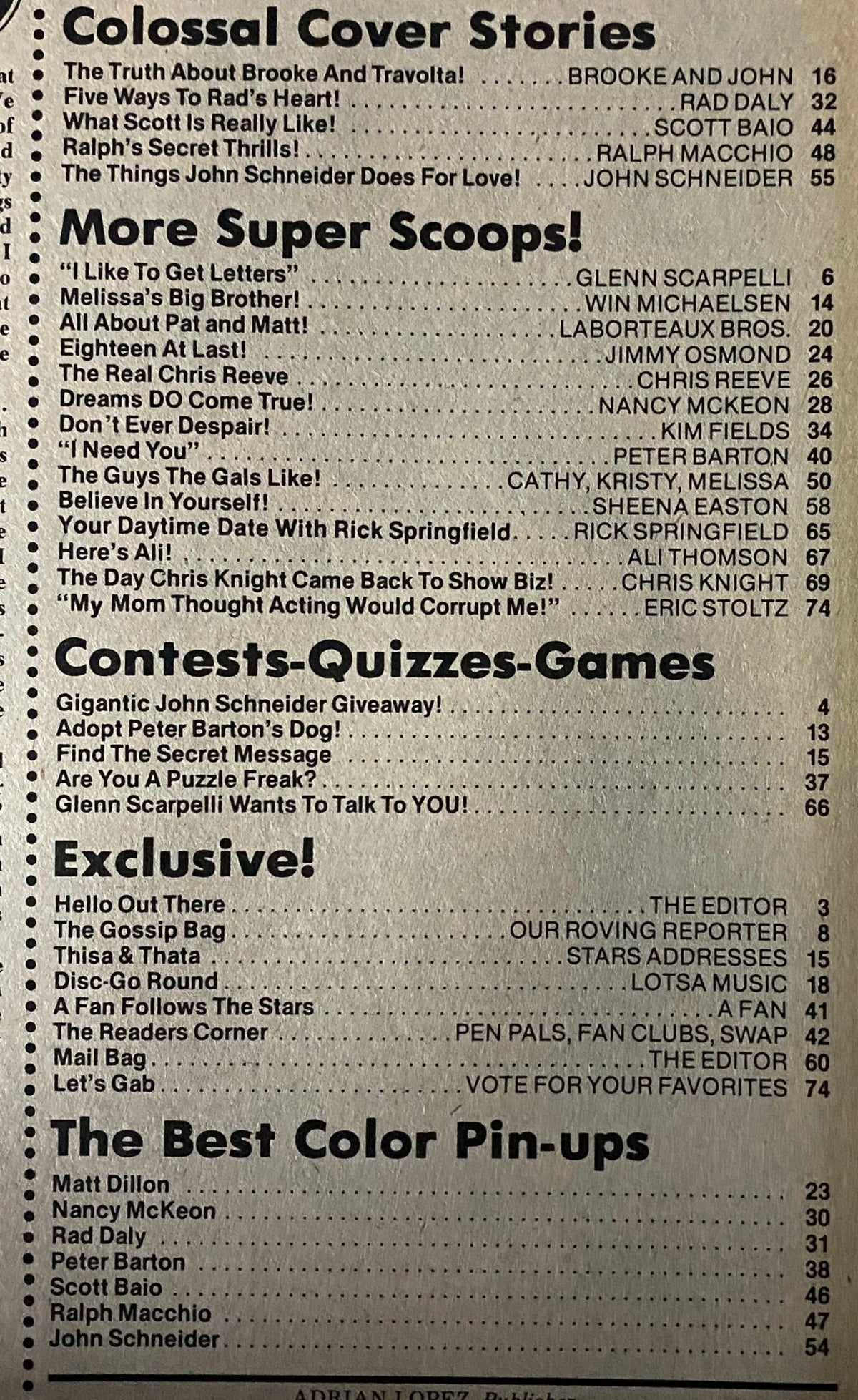 Contents page of Teen Bag Magazine November 1981, detailing cover stories and features including John Schneider, Scott Baio, and various celebrity highlights.