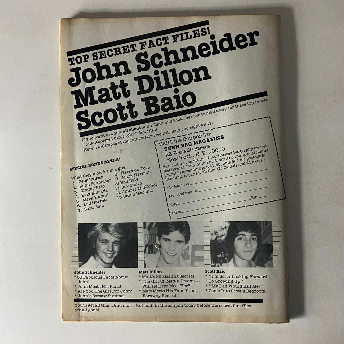 Teen Bag Magazine November 1981 includes John Schneider, Matt Dillon, and Scott Baio. Image displays the back cover with a fictional biography sign-up coupon highlighting their popularity in 1980s pop culture.