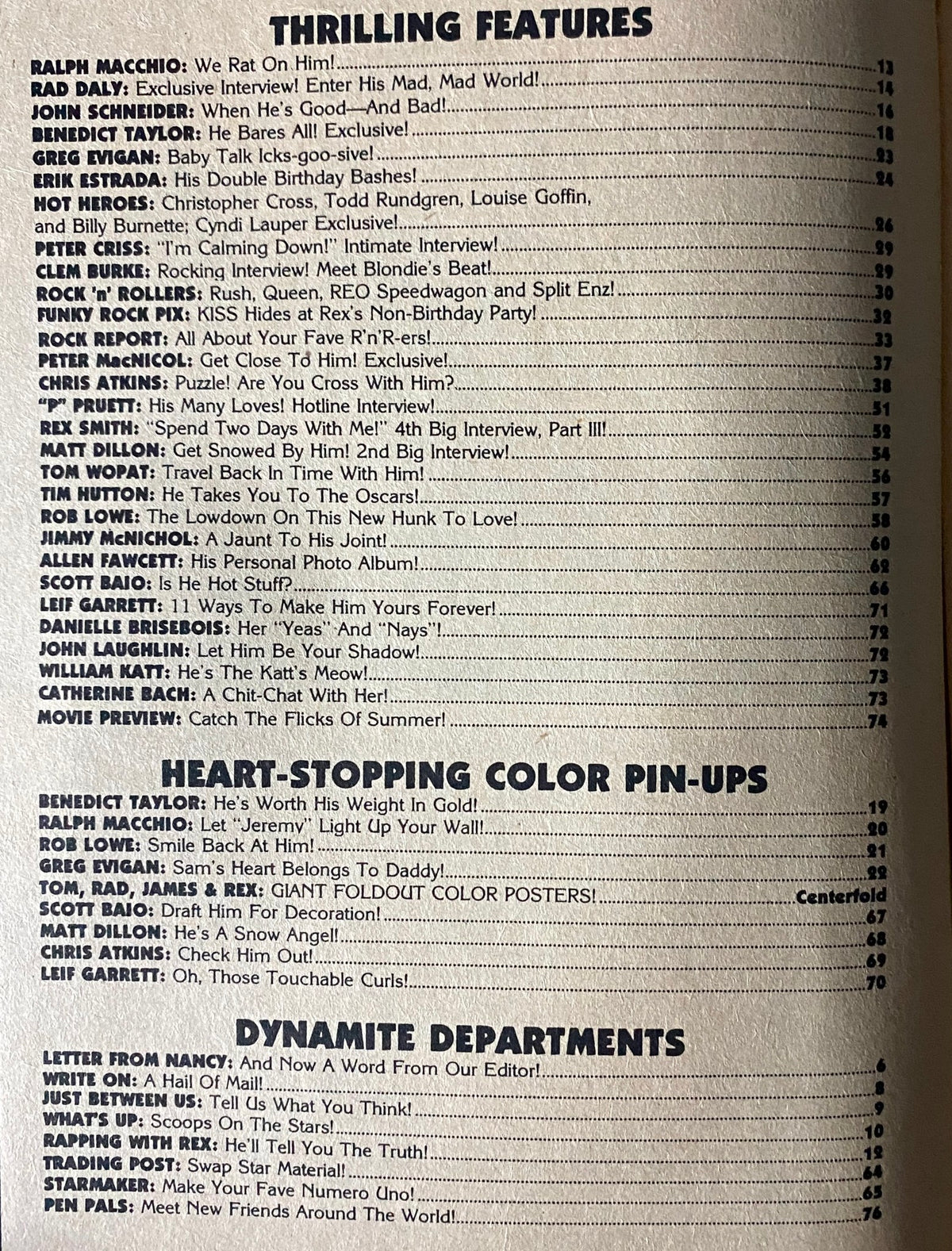Table of contents from Teen Pin-Ups Magazine September 1981, listing featured articles and interviews with celebrities like Ralph Macchio and Rad Daly.