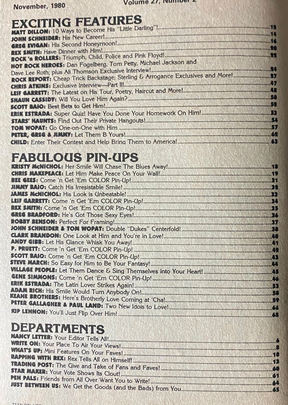 Table of contents from Teen Pin-Ups Magazine November 1980, listing exciting features and fabulous pin-ups, showcasing popular celebrities of the era.