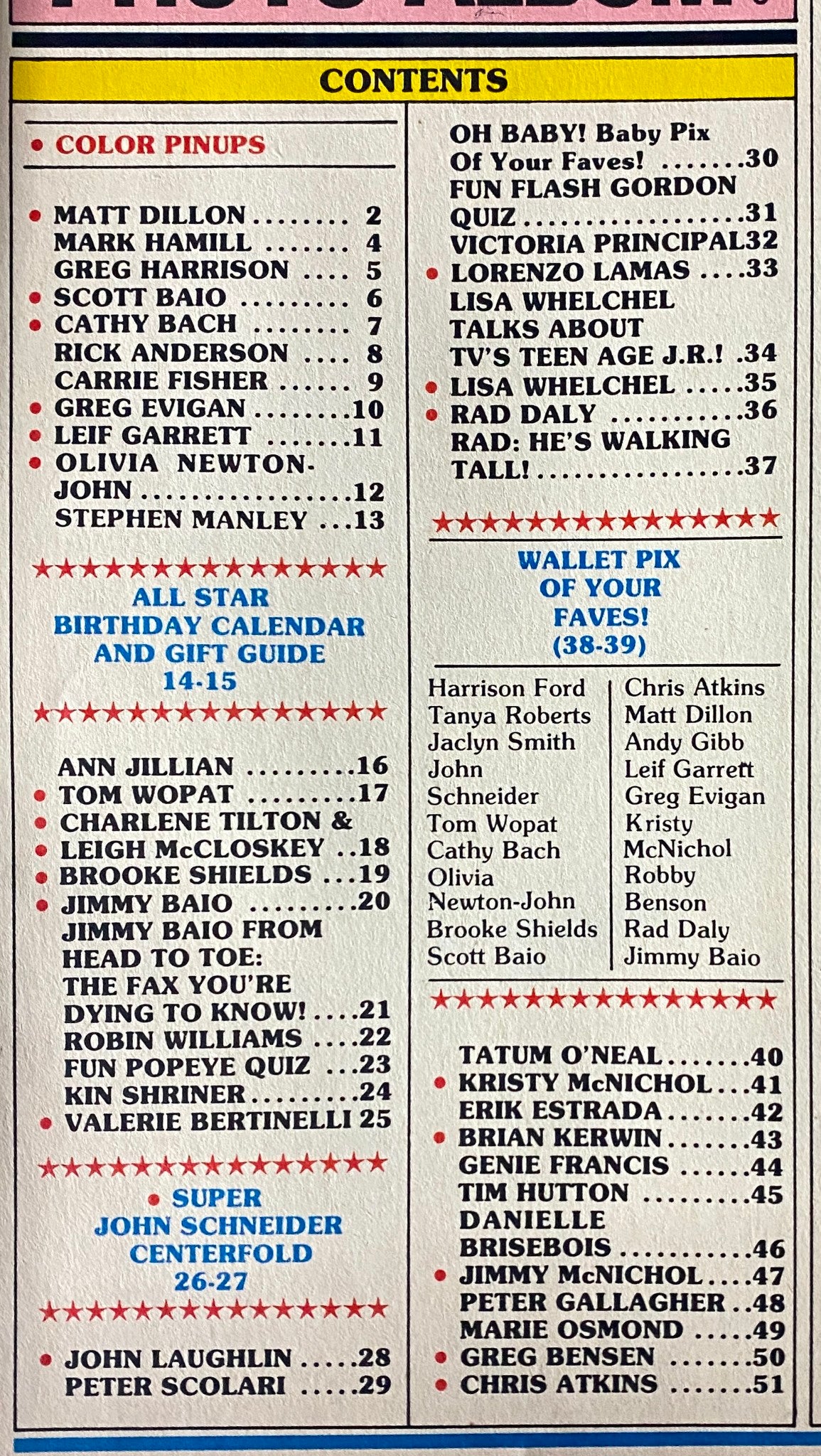 Contents page of Teen Stars Photo Album Issue No. 5, listing popular celebrities including Matt Dillon, Mark Hamill, and Olivia Newton-John.