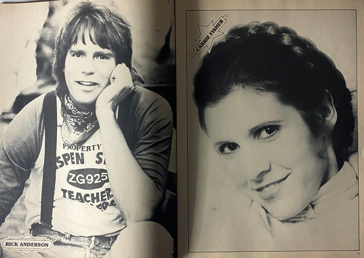 Black and white page from Teen Stars Photo Album Issue No. 5 featuring Rick Anderson and Carrie Fisher, highlighting famous teen stars.