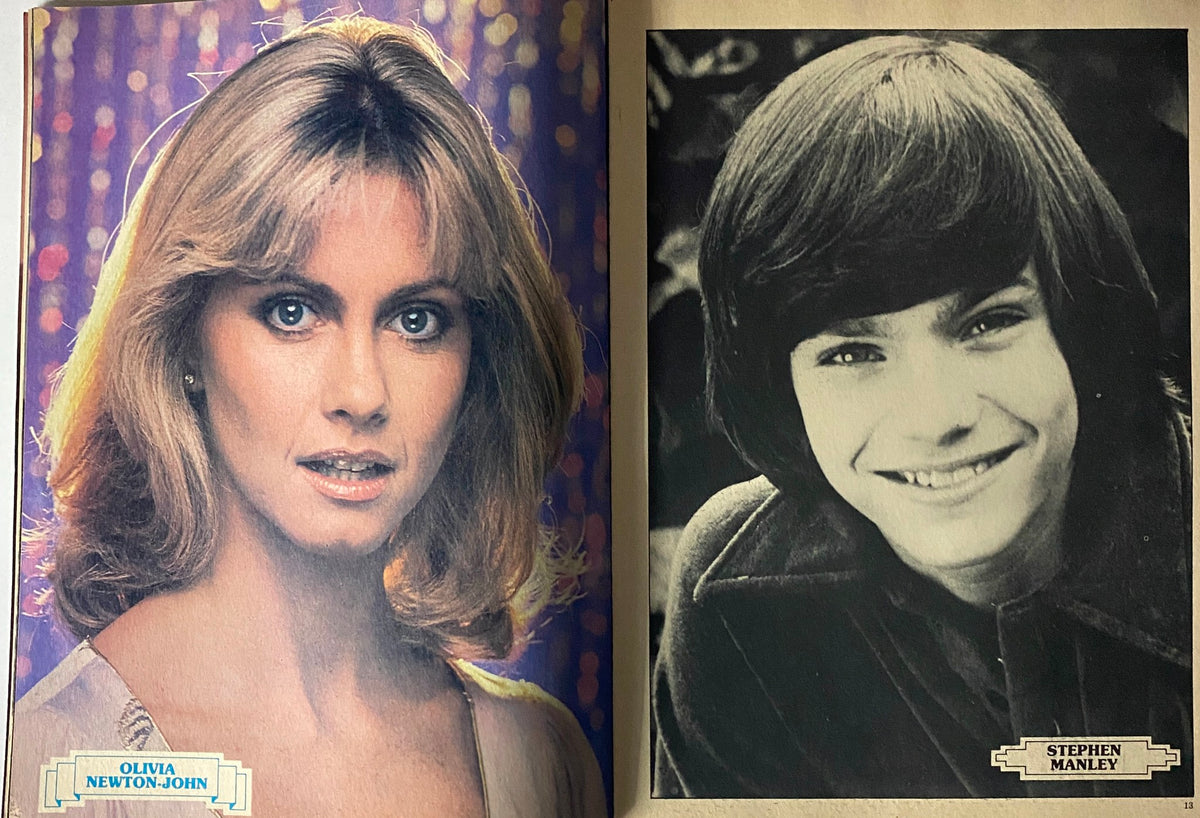 Color photograph of Olivia Newton-John and Stephen Manley from Teen Stars Photo Album Issue No. 5, featuring renowned teen stars.