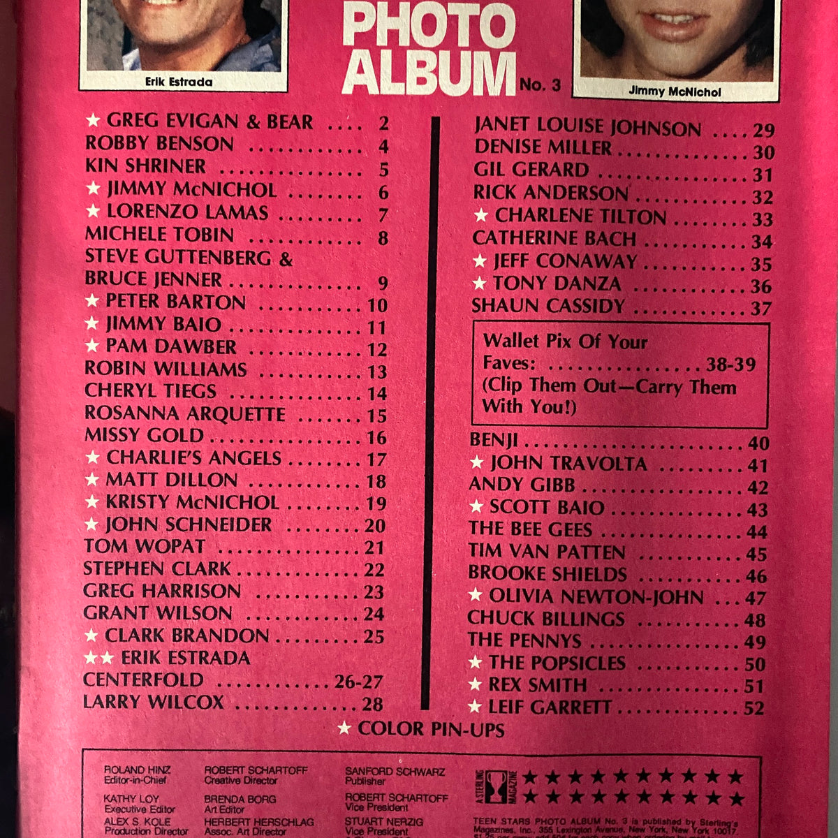 Table of contents for Teen Stars Photo Album Issue No. 36 featuring Erik Estrada and Jimmy McNichol, listing celebrities and highlights of the issue.