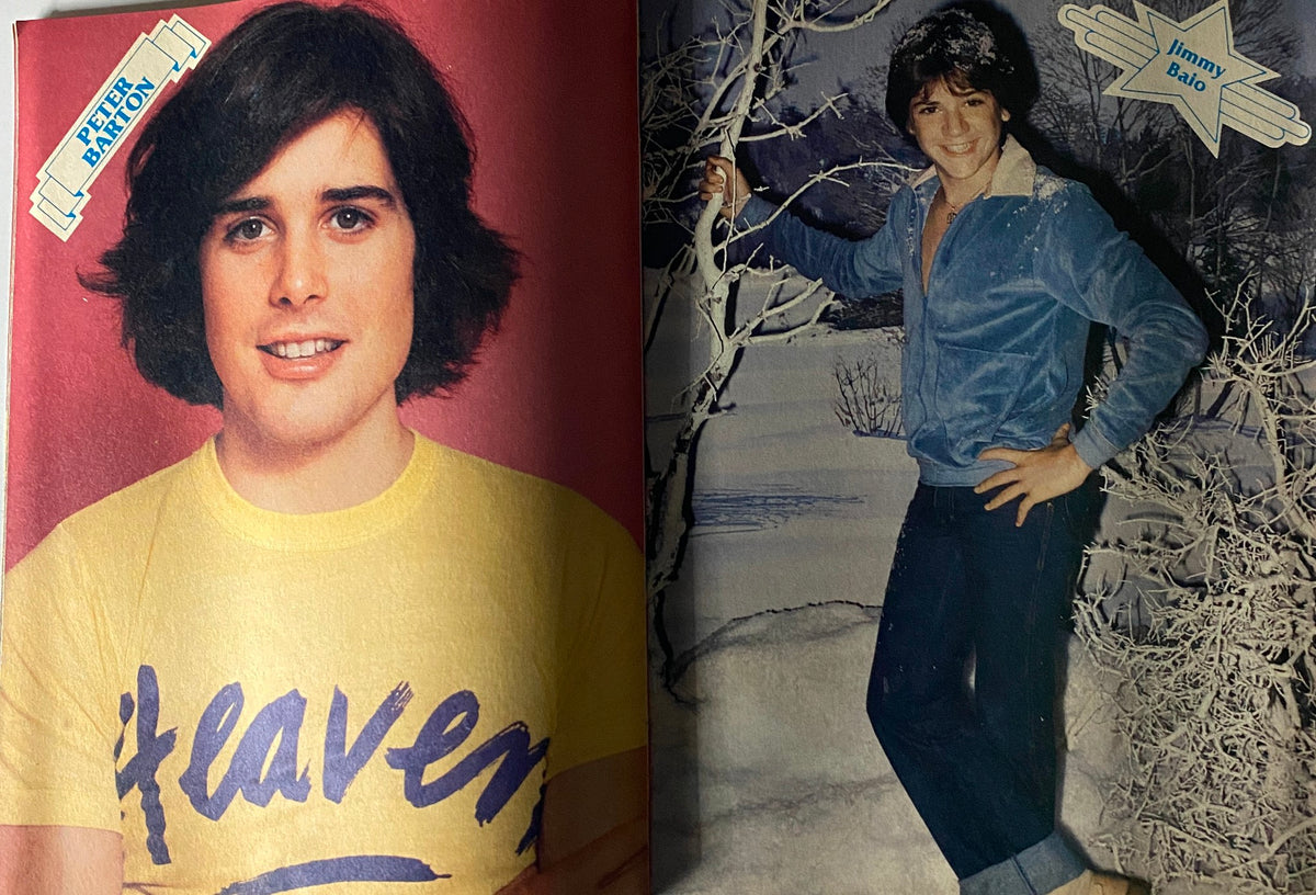 Portraits of Peter Barton and Jimmy Baio from Teen Stars Photo Album Issue No. 36, showcasing the stars with images against vibrant backgrounds.