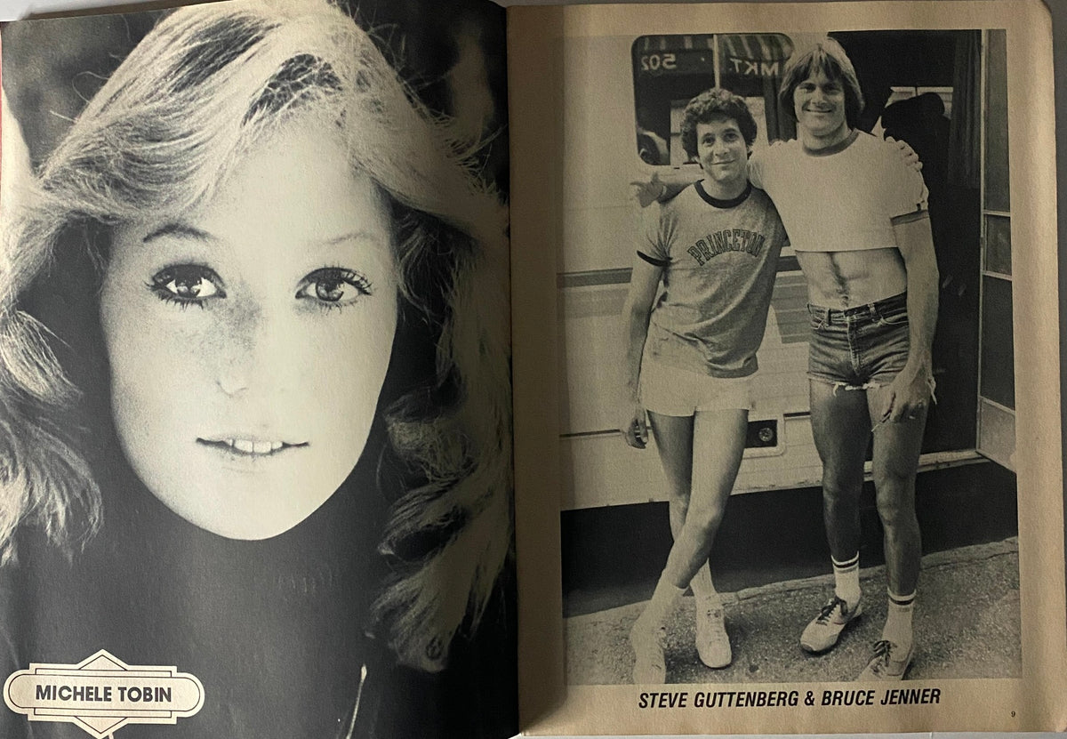Michele Tobin and an image of Steve Guttenberg with Bruce Jenner from Teen Stars Photo Album Issue No. 36, highlighting iconic 1980s celebrities.