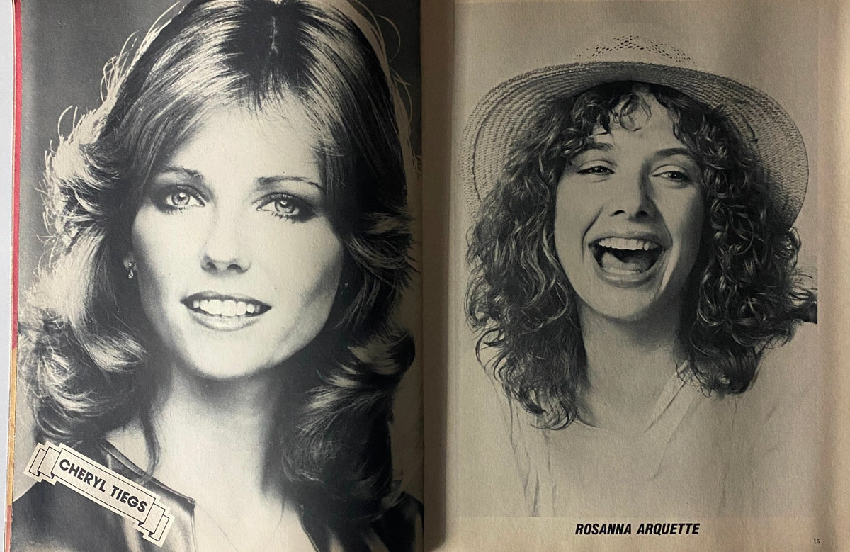 Photos of Cheryl Tiegs and Rosanna Arquette featured in Teen Stars Photo Album Issue No. 36, capturing the beauty of popular stars from the 1980s.