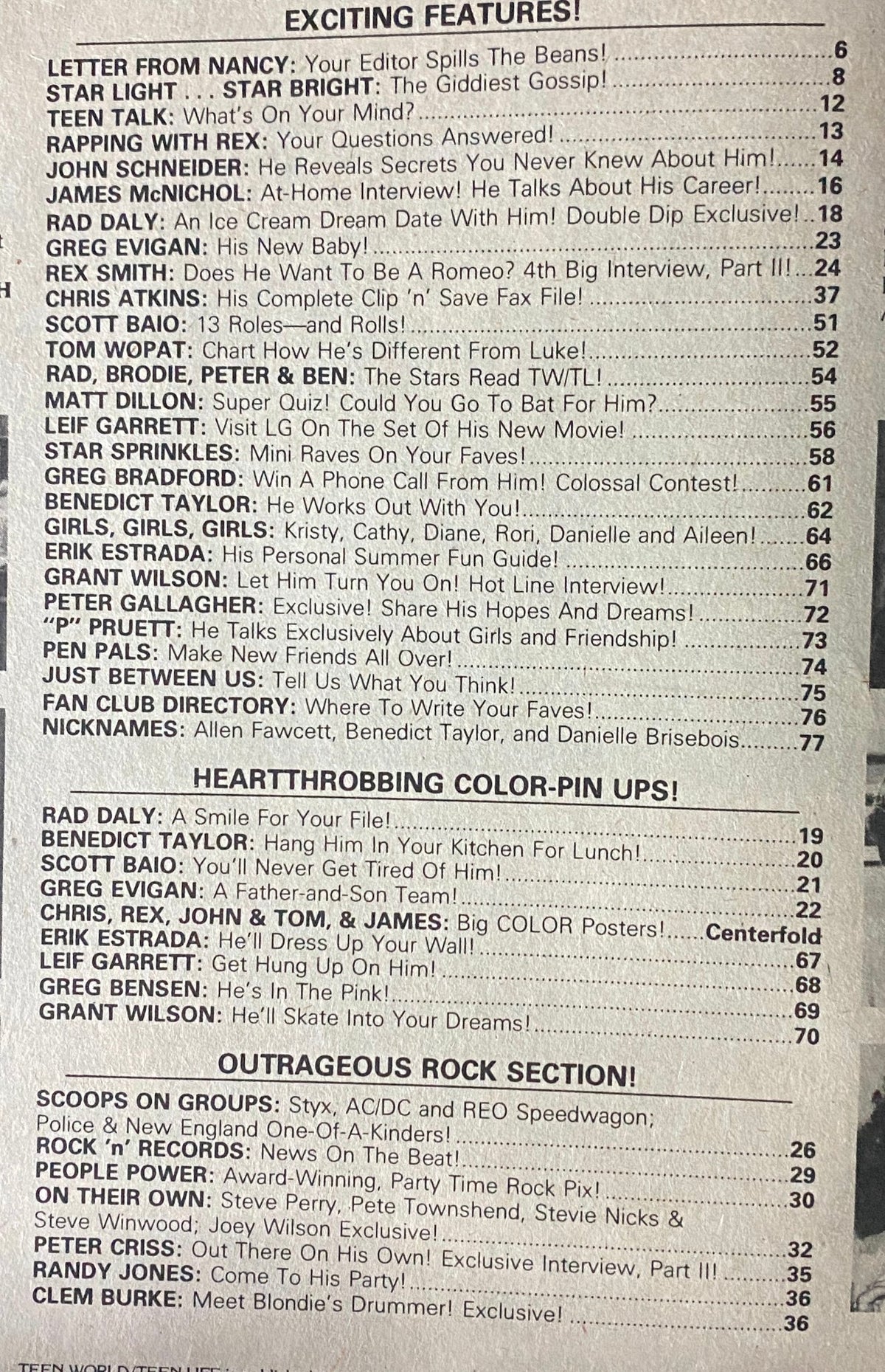 Table of contents from Teen World & Teen Life Magazine August 1981 detailing articles and interviews with celebrities including John Schneider and Greg Evigan.