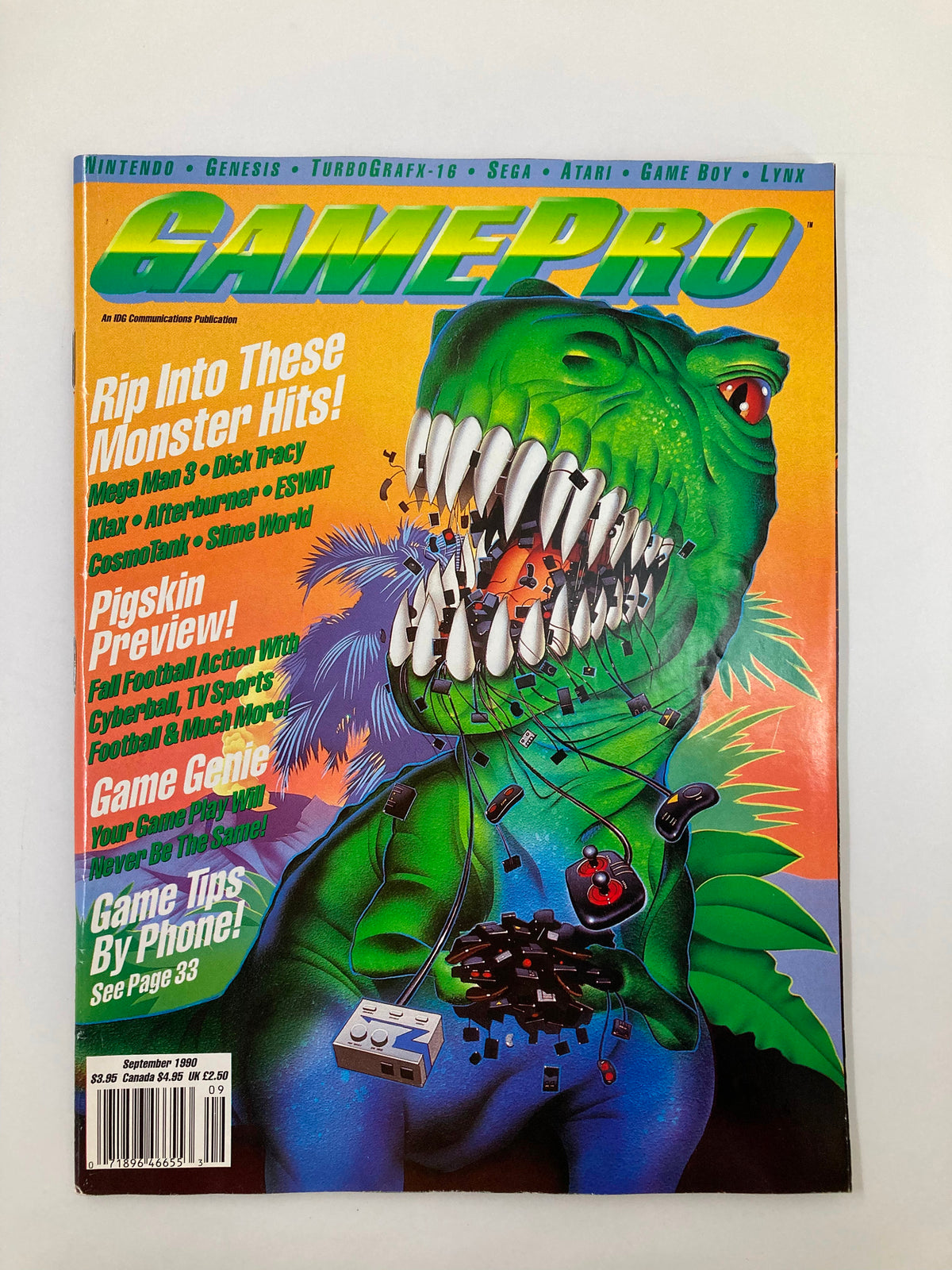 Cover of GamePro Magazine September 1990 featuring a vibrant illustration of a dinosaur with teeth styled as video game controllers, captioned 'Rip Into These Monster Hits!'. A must-have for vintage gaming enthusiasts.