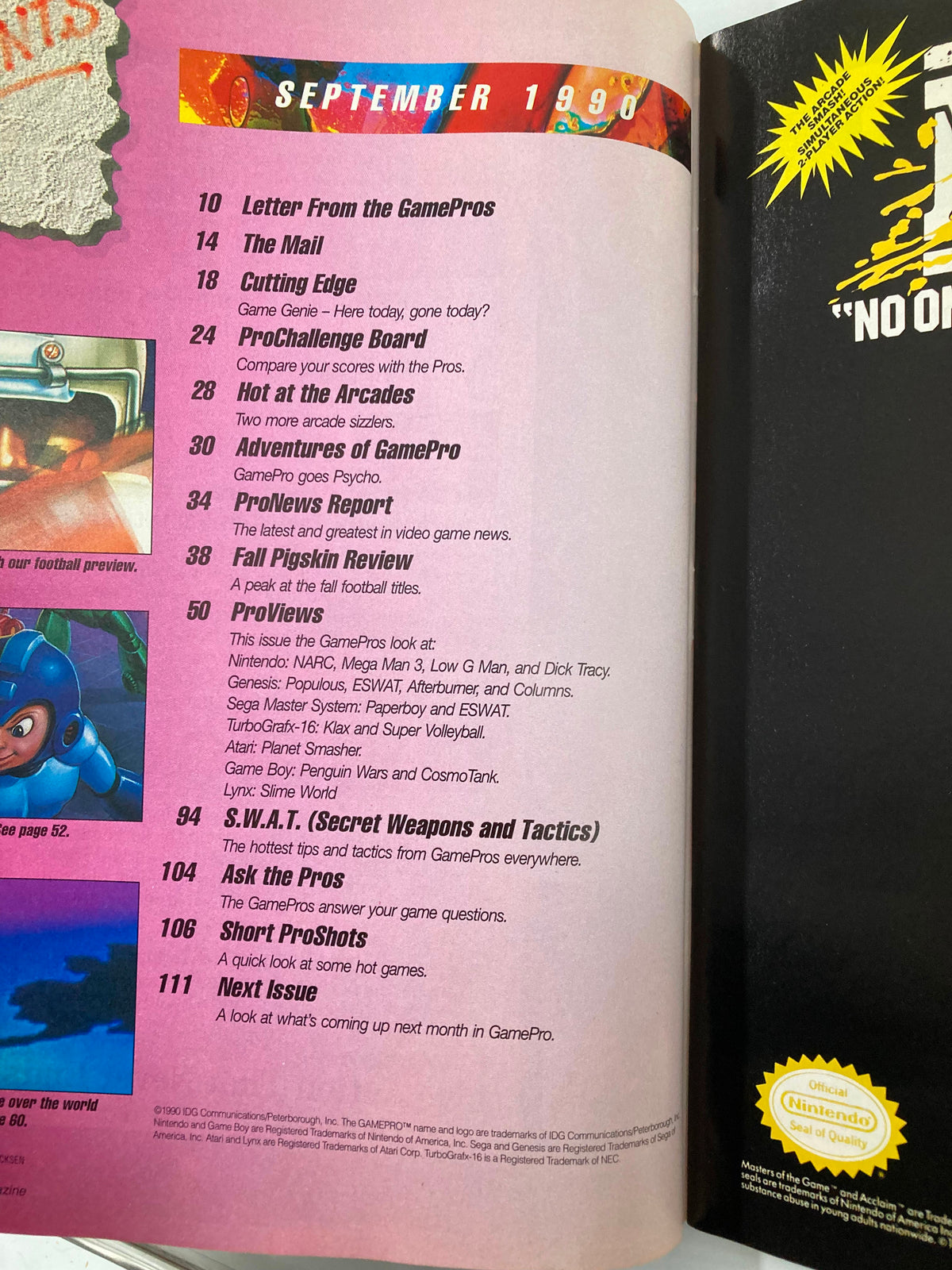 Table of contents from GamePro Magazine September 1990, listing features and game reviews that highlight the gaming trends of the era.