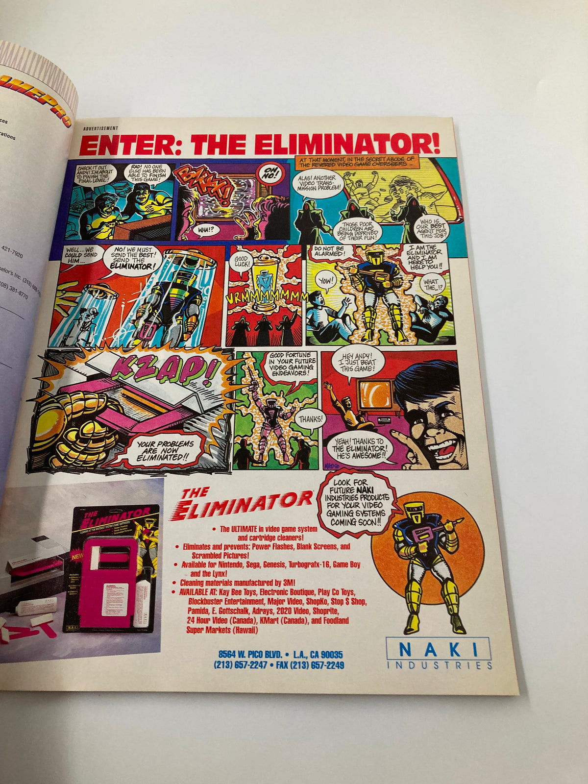 Comic-style advertisement for The Eliminator in GamePro Magazine September 1990, promoting a revolutionary gaming cleaning product with colorful graphics and engaging dialogue.