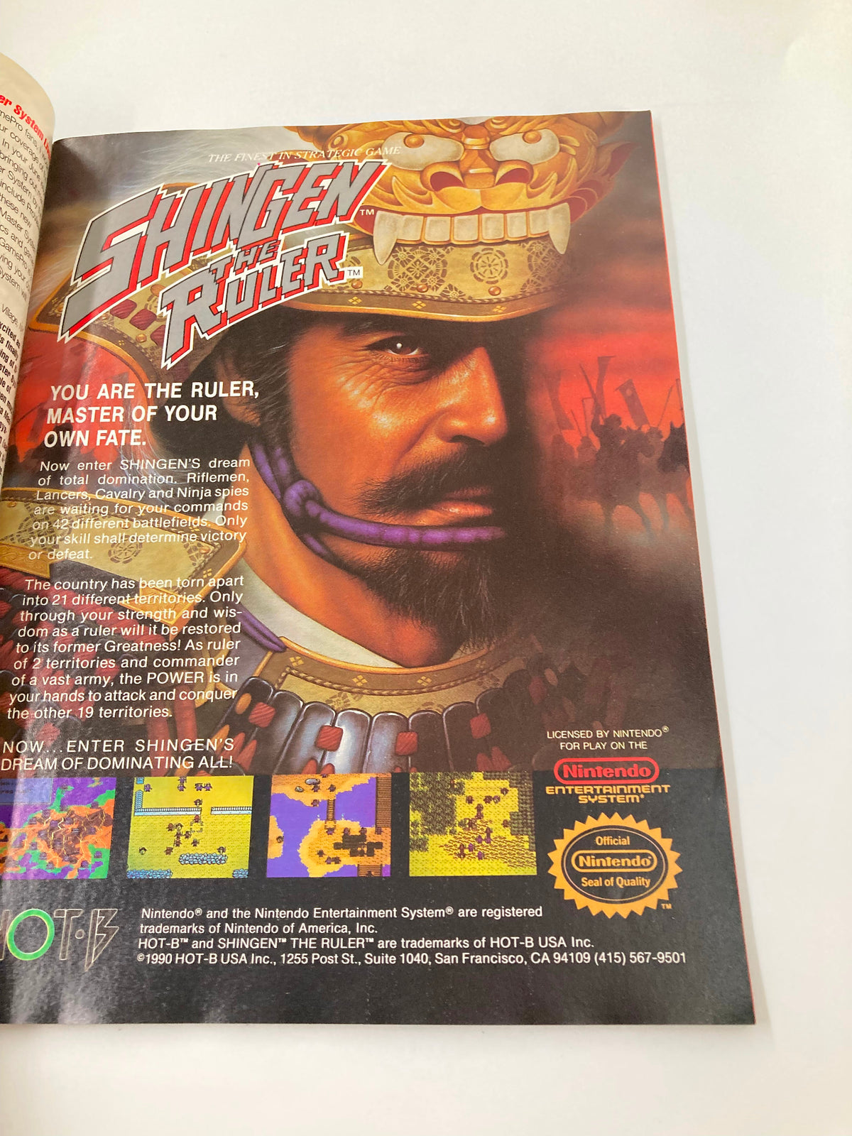 Advertisement for Shingen the Ruler in GamePro Magazine September 1990, featuring an intense illustration of a samurai along with a description of the game's strategic elements.