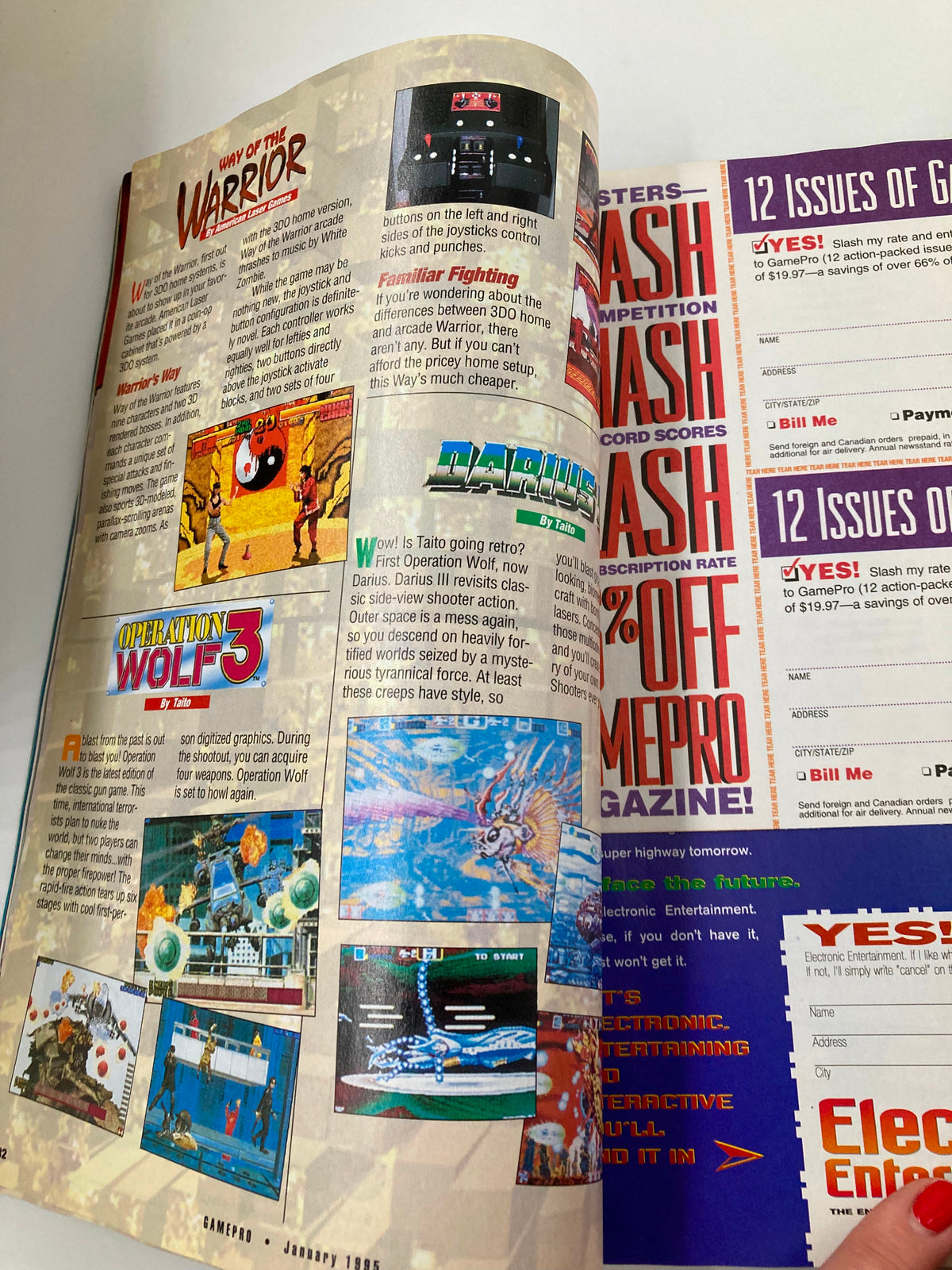 A page from GamePro Magazine January 1995 featuring 'Way of the Warrior' article, showcasing game graphics and strategies for Operation Wolf 3, and familiar fighting games.