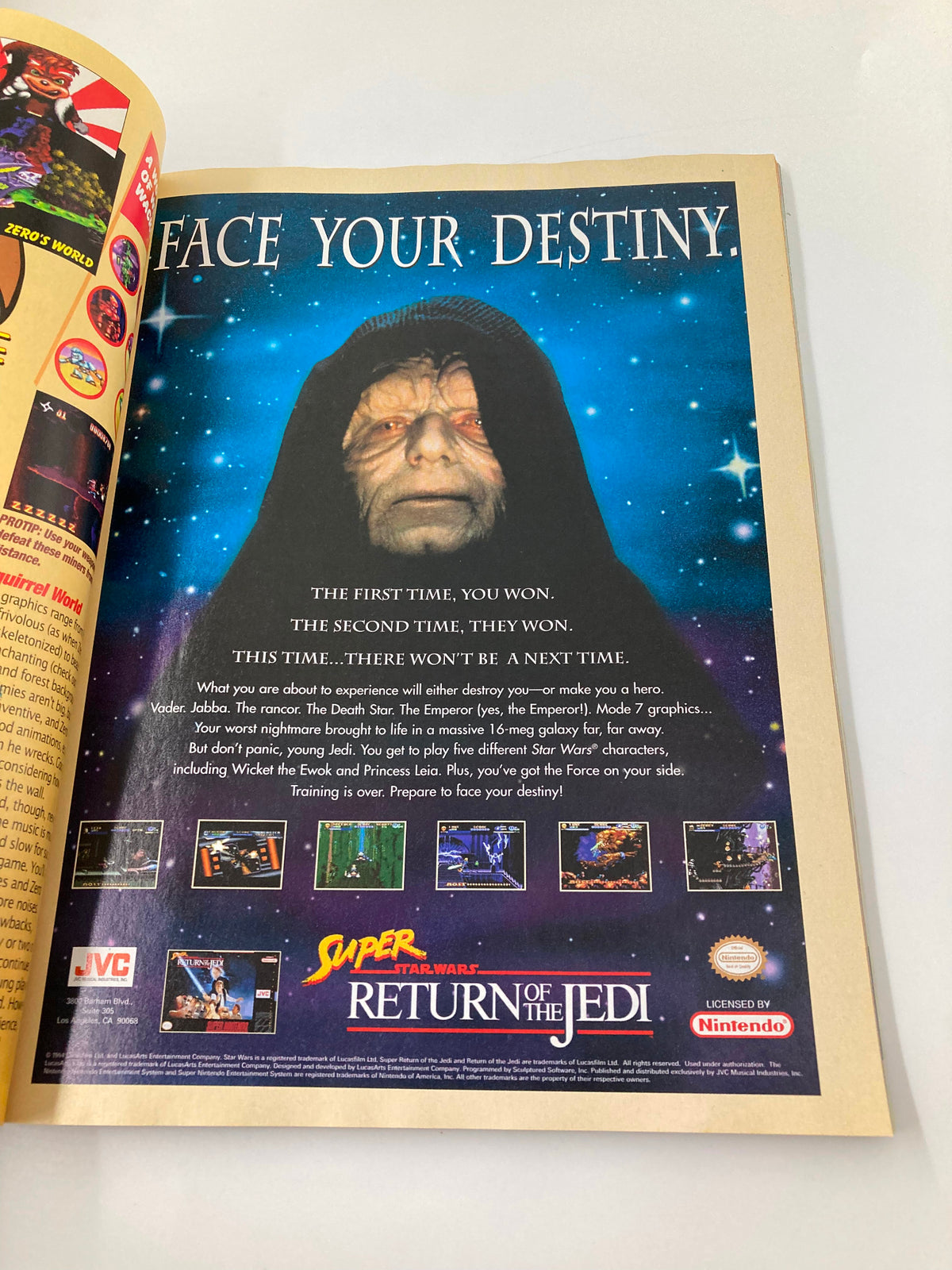 An advertisement in GamePro Magazine January 1995 for Super Star Wars: Return of the Jedi, highlighting game features and characters including Emperor Palpatine.