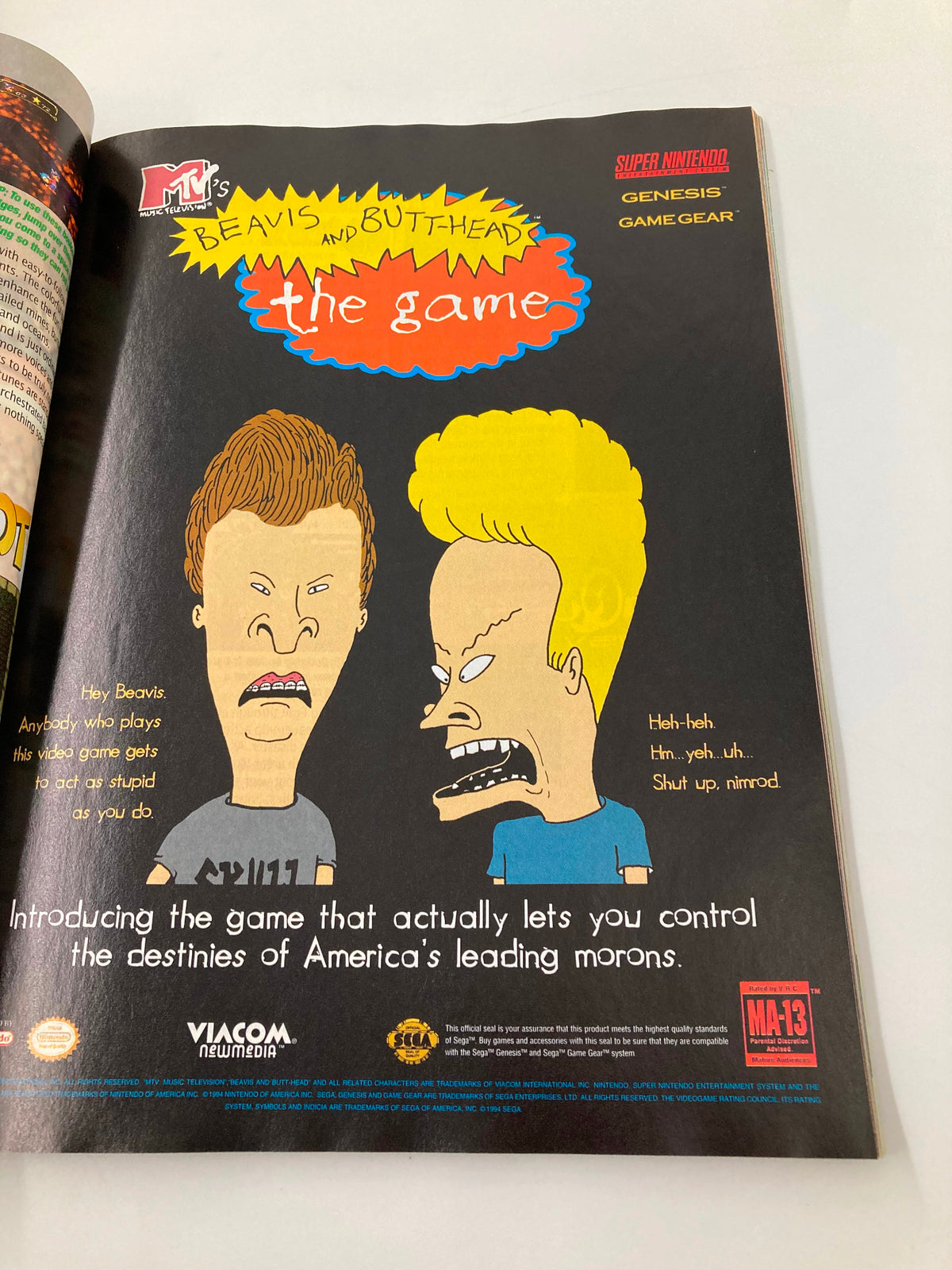 A promotional page in GamePro Magazine January 1995 showcasing MTV's Beavis and Butt-Head video game with character illustrations and tagline.