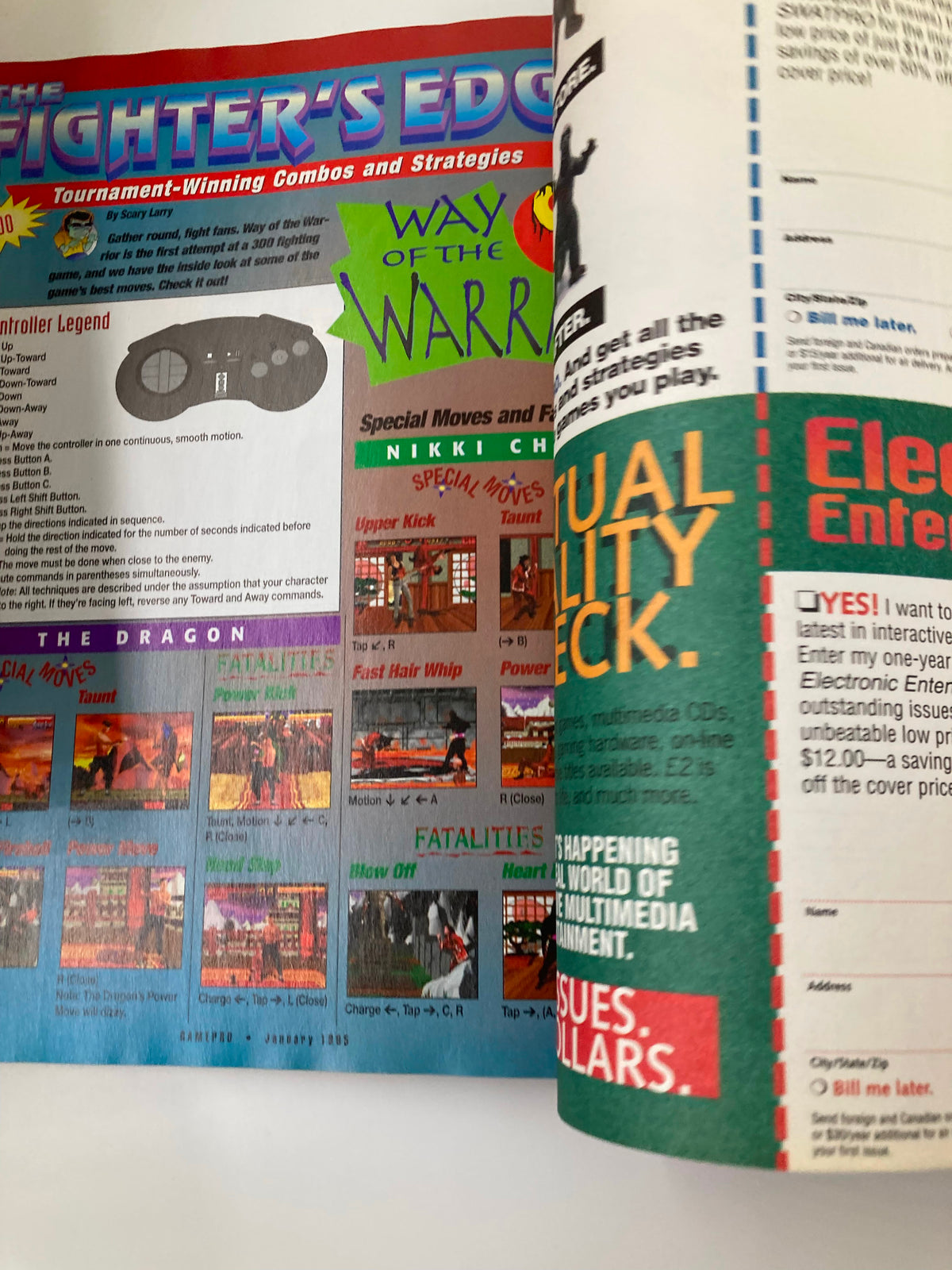 A page from GamePro Magazine January 1995 featuring 'Fighter's Edge' with tournament-winning combos and strategies for various fighting games.