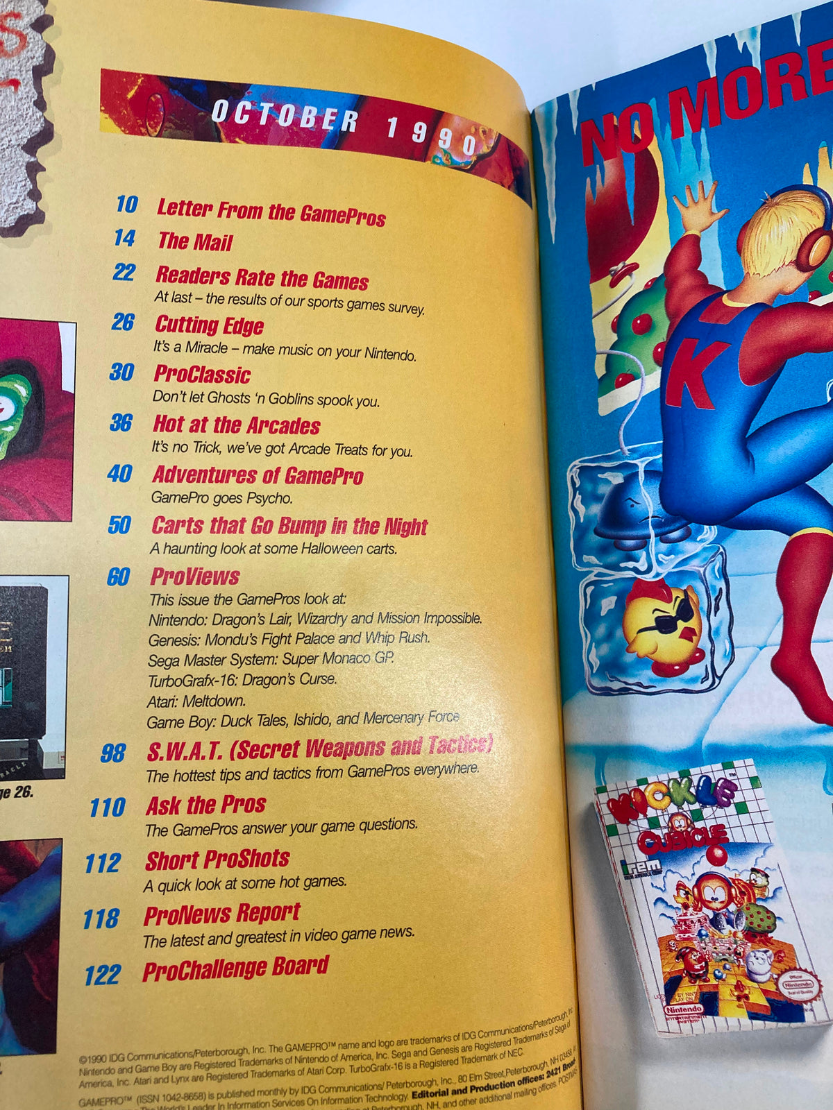 Inside page of GamePro Magazine October 1990, displaying the table of contents and highlights of articles related to gaming, including tips and reviews.