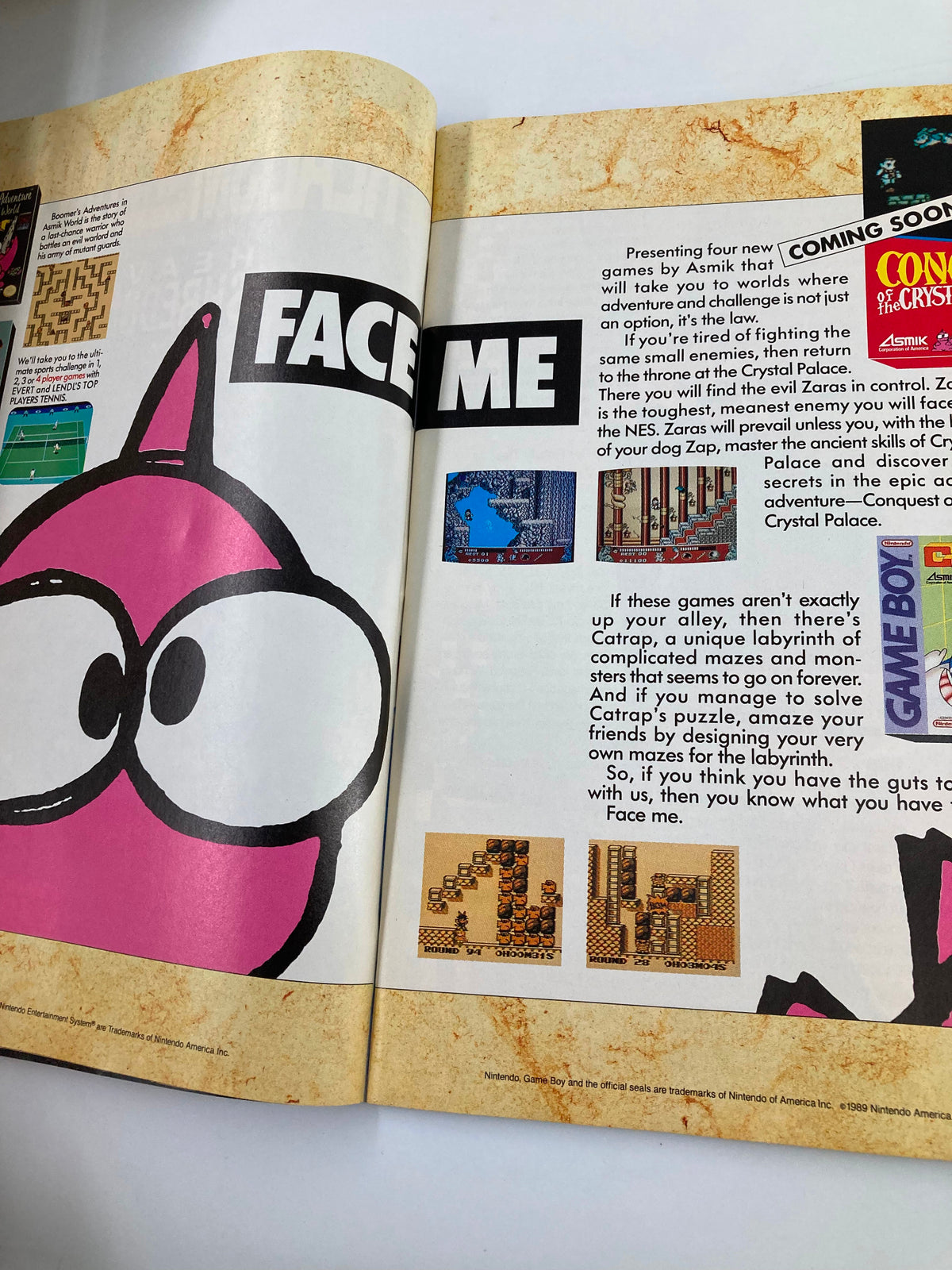 GamePro Magazine October 1990 presenting the game Face Me, illustrated with vibrant graphics promoting maze-based challenges.