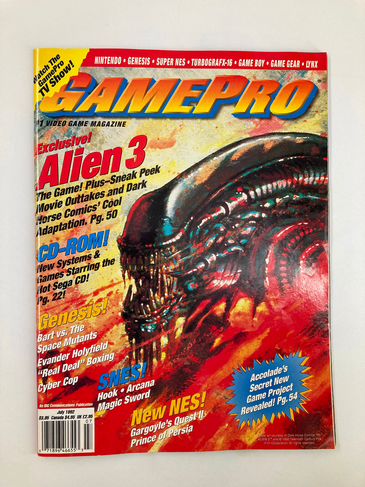 Cover of GamePro Magazine July 1992 featuring exclusive content on Alien 3, including sneak peeks and movie outtakes, vibrant graphics showcasing gaming culture of the early 90s.