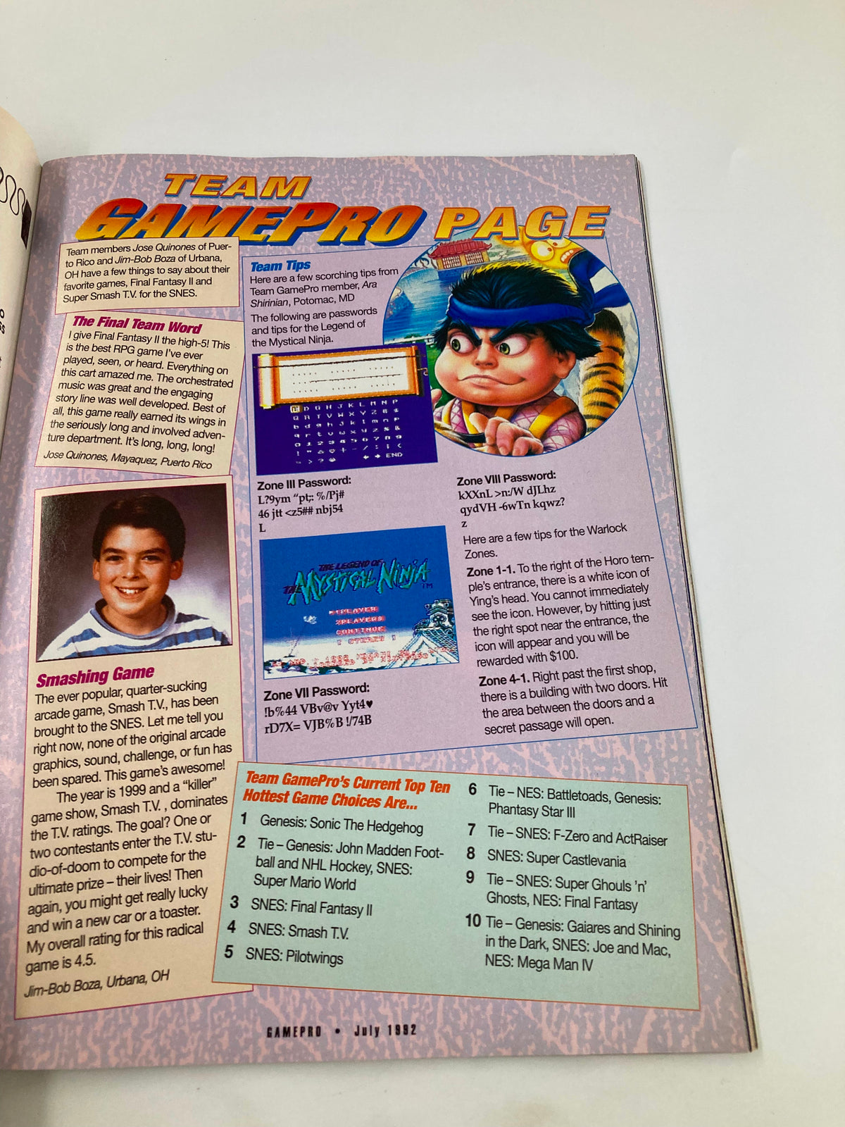 GamePro Magazine July 1992 Team GamePro page highlighting tips, tricks, and game recommendations.