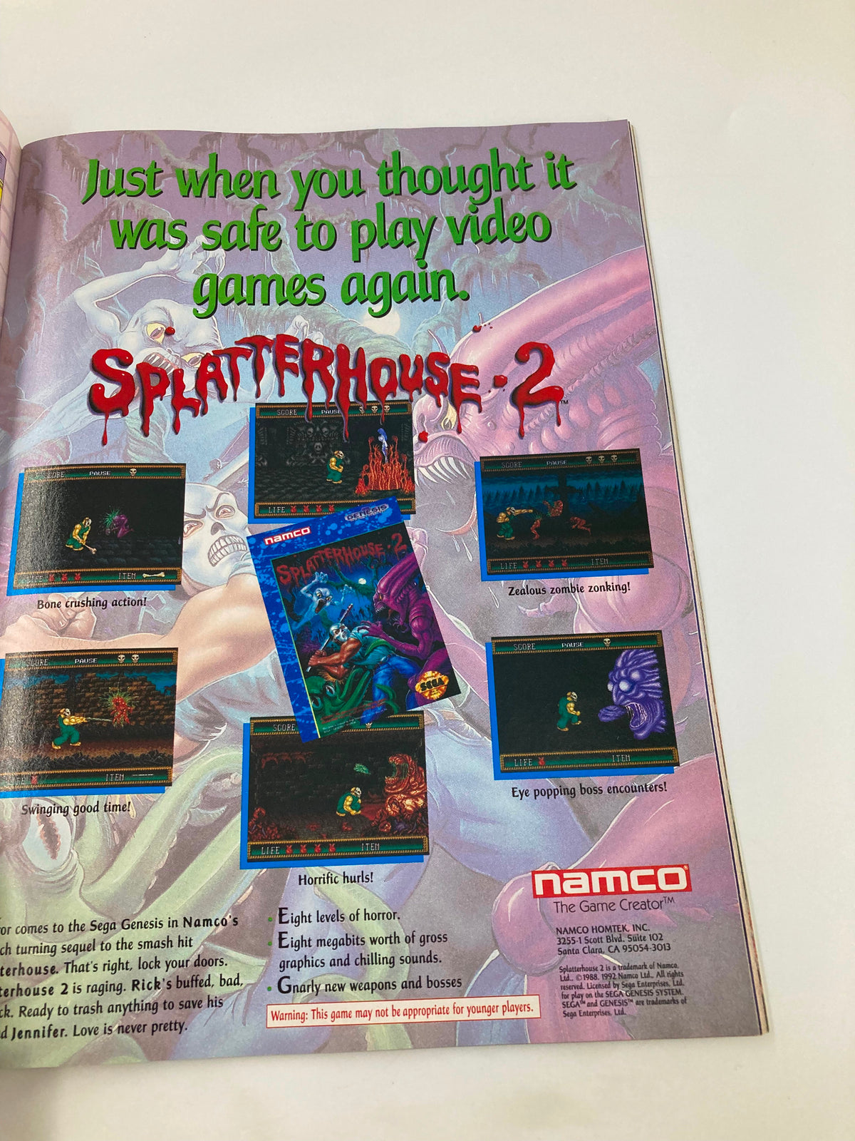 GamePro Magazine July 1992 advertisement for Splatterhouse 2 by Namco with details on the game's features.