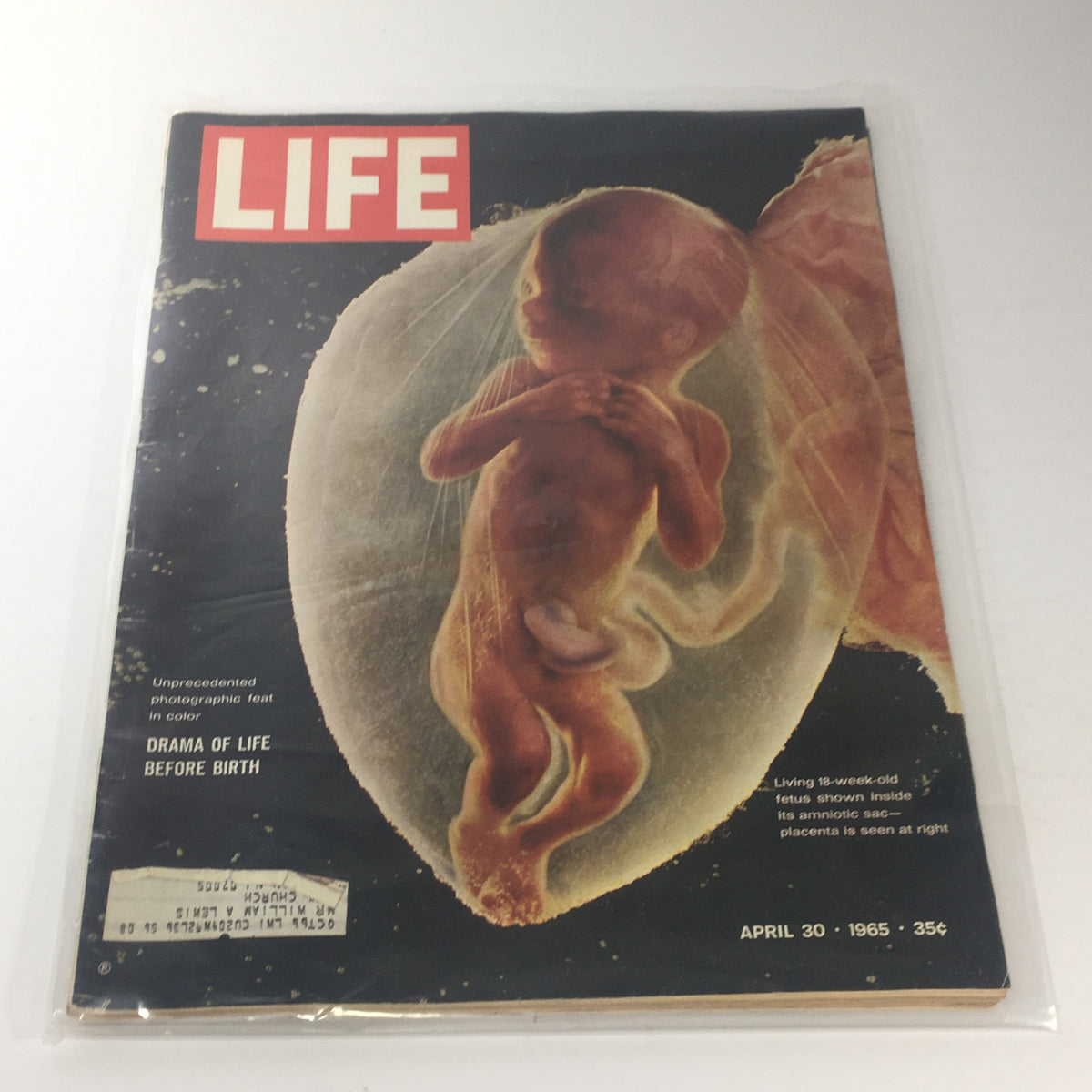 Cover of VTG Life Magazine: April 30 1965 - Drama Of Life Before Birth, featuring a remarkable photograph of an 18-week-old fetus inside its amniotic sac, showcasing unprecedented photographic feat in color.