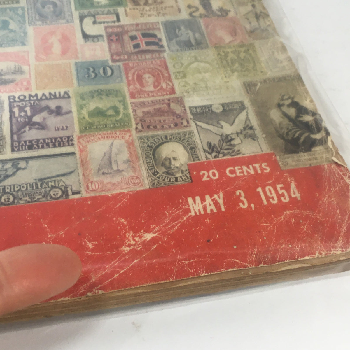 Close-up of VTG Life Magazine from May 3, 1954, highlighting the issue date and price along with rare stamp images.