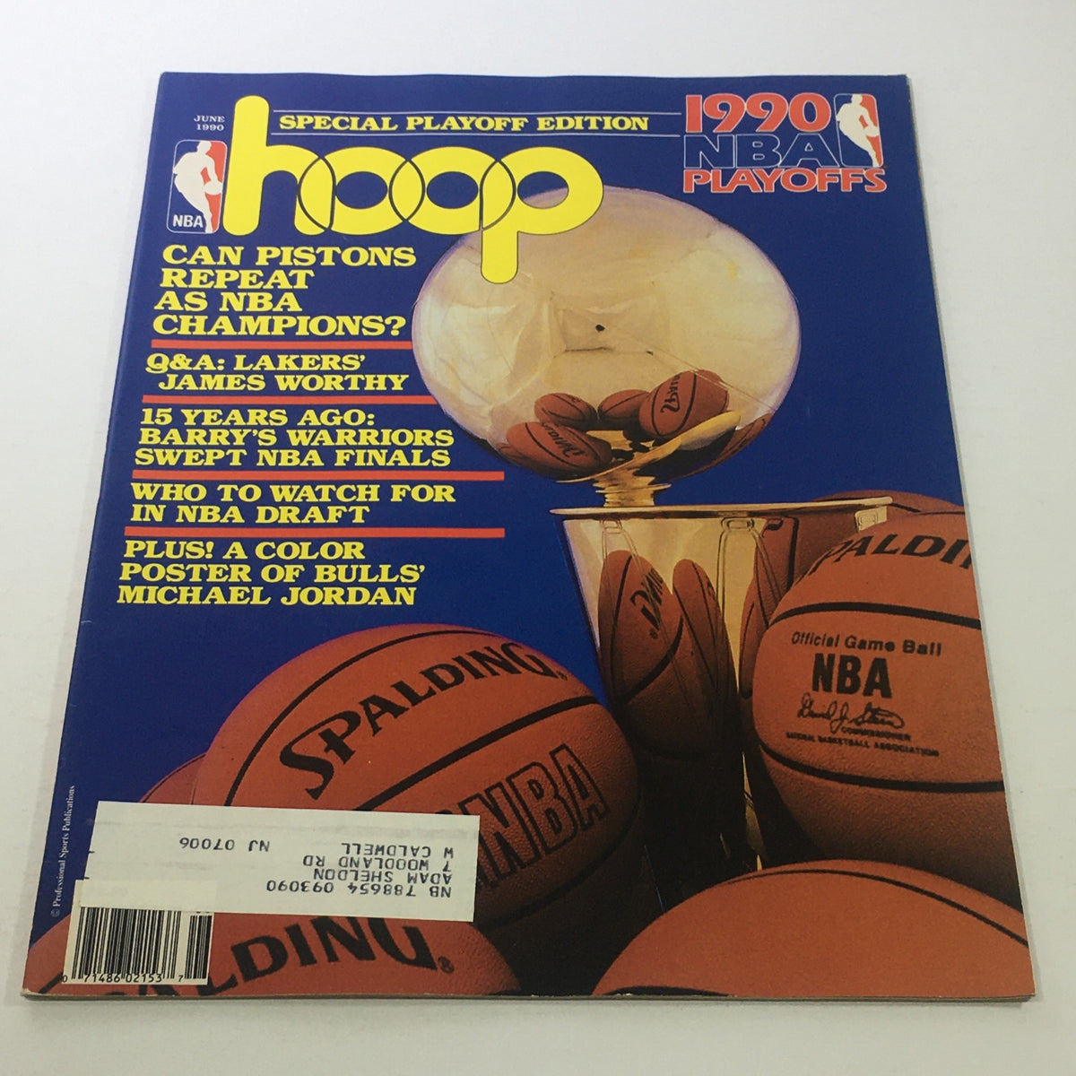 Hoop NBA Magazine from June 1990 featuring the title 'Can Pistons Repeat As NBA Champions?' with a colorful cover design showcasing basketballs and a championship trophy, capturing the essence of the 1990 NBA playoffs.
