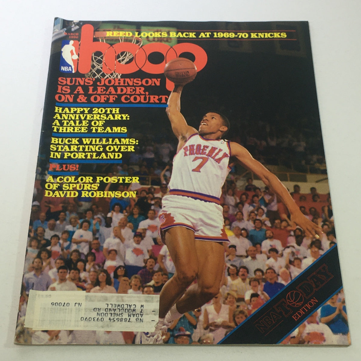 Cover of Hoop NBA Magazine: March 1990 featuring Kevin Johnson of the Phoenix Suns. The magazine highlights Johnson's leadership on and off the court, celebrating a pivotal time in basketball history.